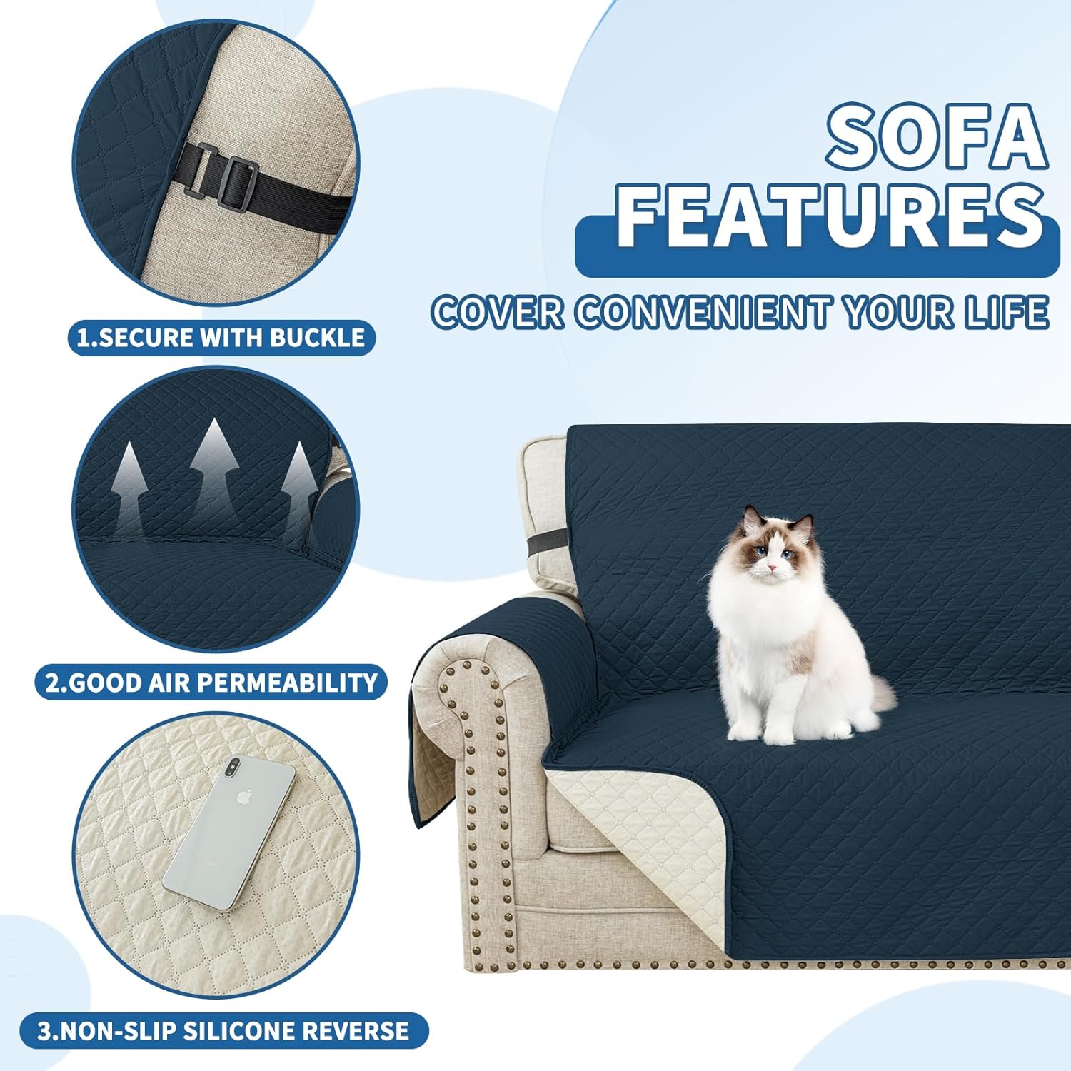 Copridivano 4 Posti Impermeabile con Braccioli, Blu Berlino - immagine 5