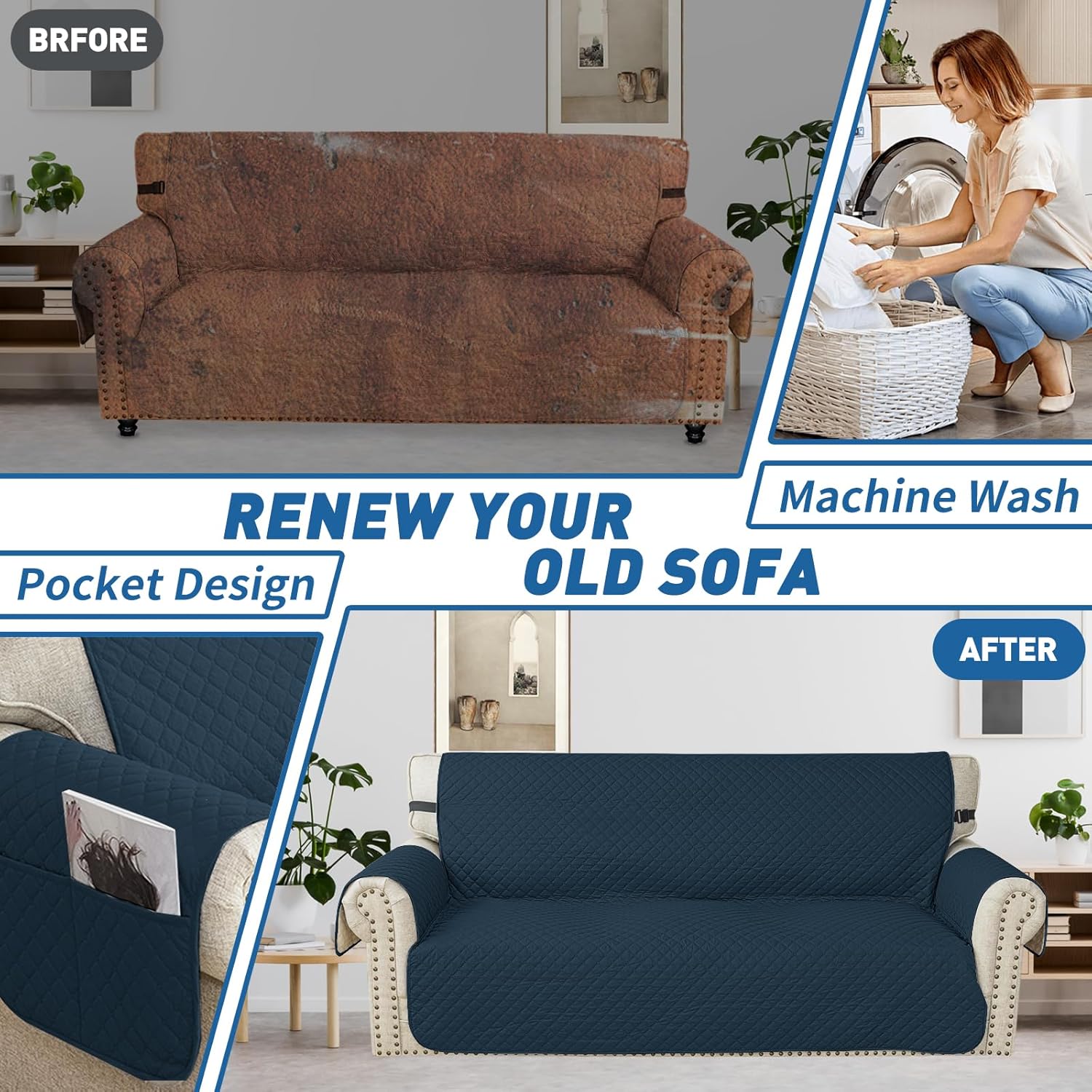 Copridivano 4 Posti Impermeabile con Braccioli, Blu Berlino - immagine 6