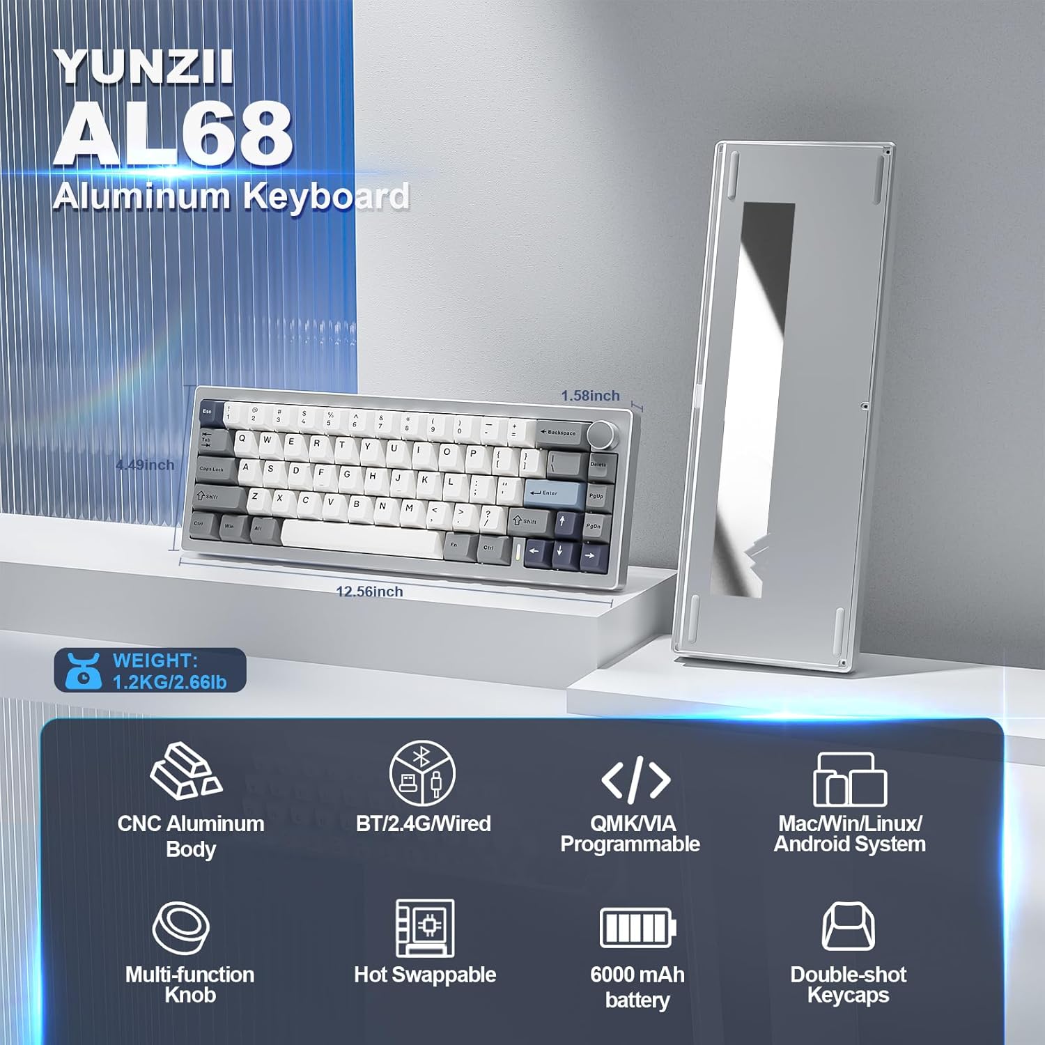 Yunzii AL68 Tastiera Meccanica Wireless 60% Alluminio, Argento - immagine 2