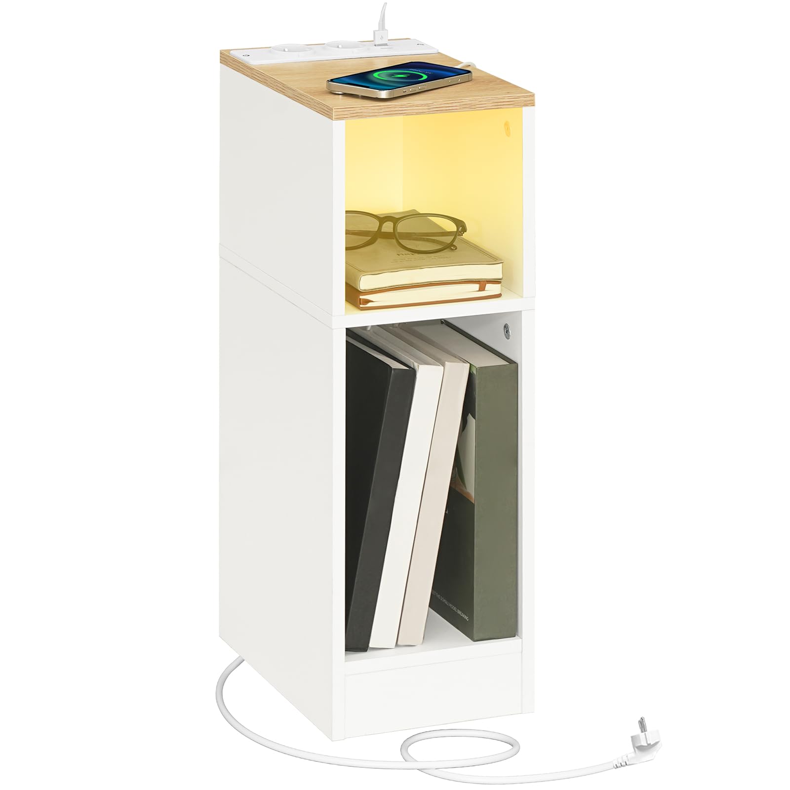 Tavolino con Stazione Ricarica e Luce LED, Marrone Bianco