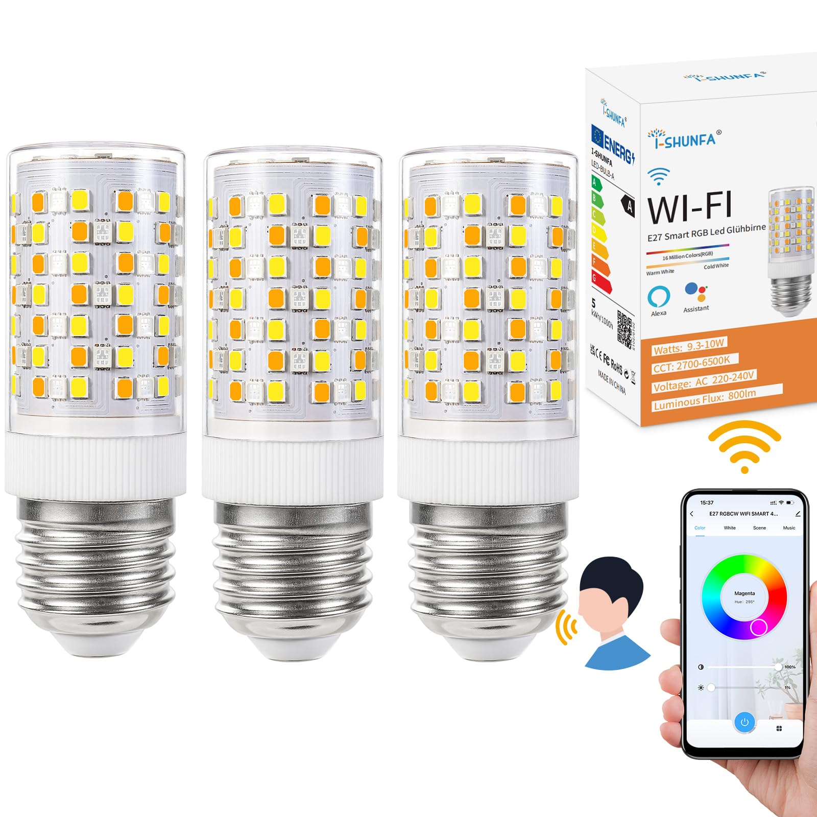 I-shunfa WiFi RGBWW E27 Lampadina Smart 10W, 2 Pezzi