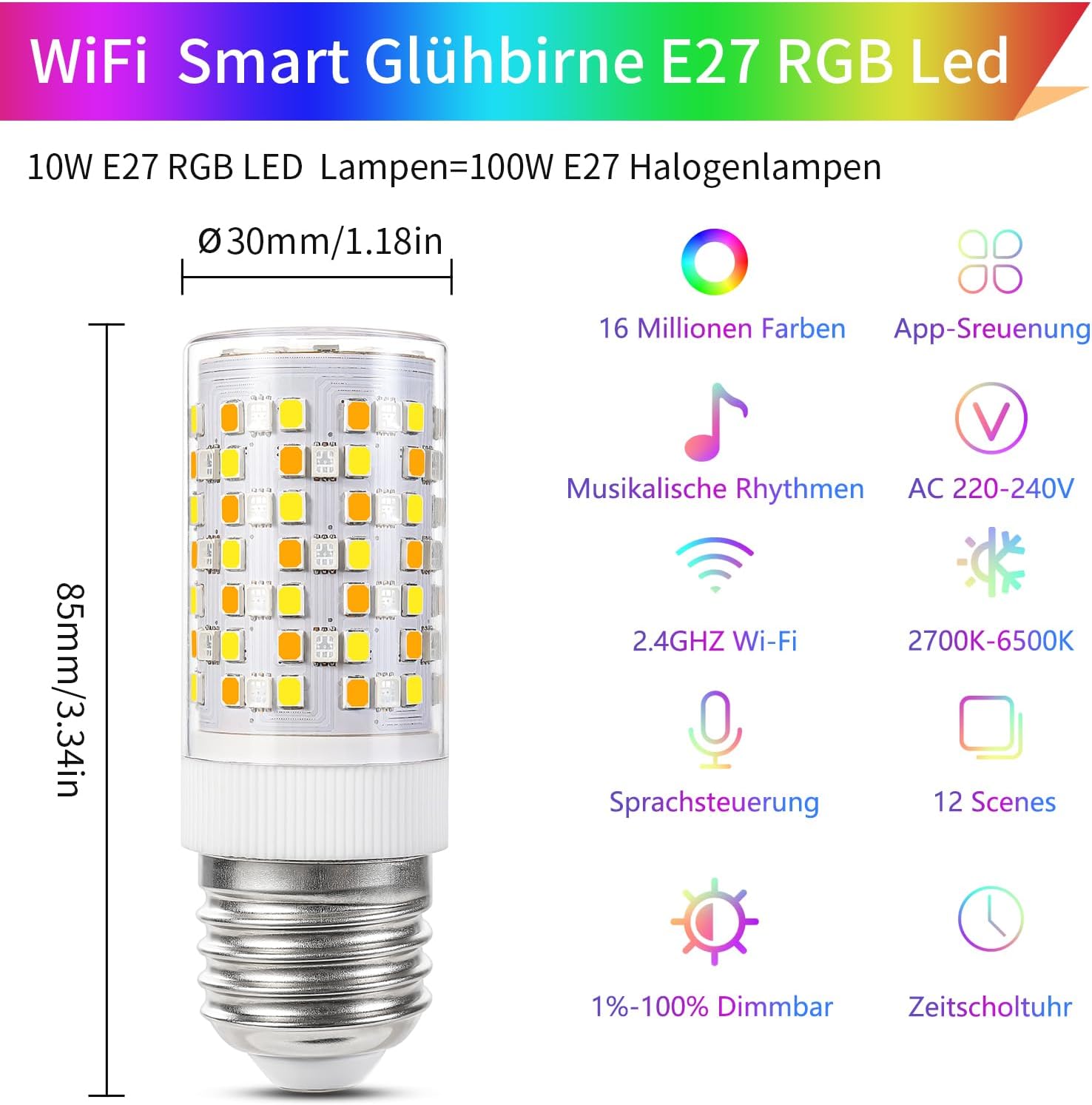 I-shunfa WiFi RGBWW E27 Lampadina Smart 10W, 2 Pezzi - immagine 2