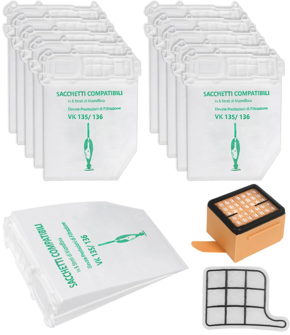 10 Sacchetti per Aspirapolvere Folletto VK135 VK136