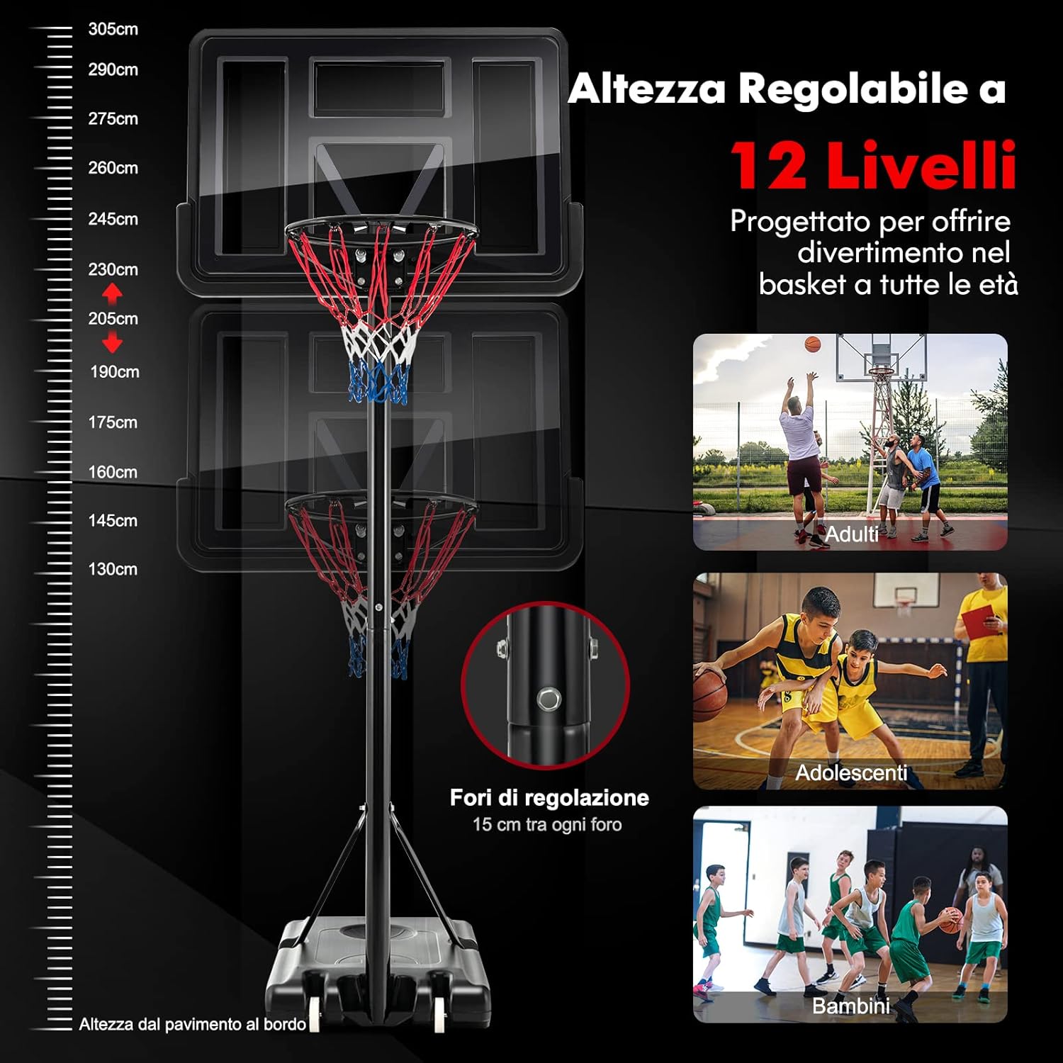 Costway Canestro da Basket Regolabile 130-305 cm - immagine 2