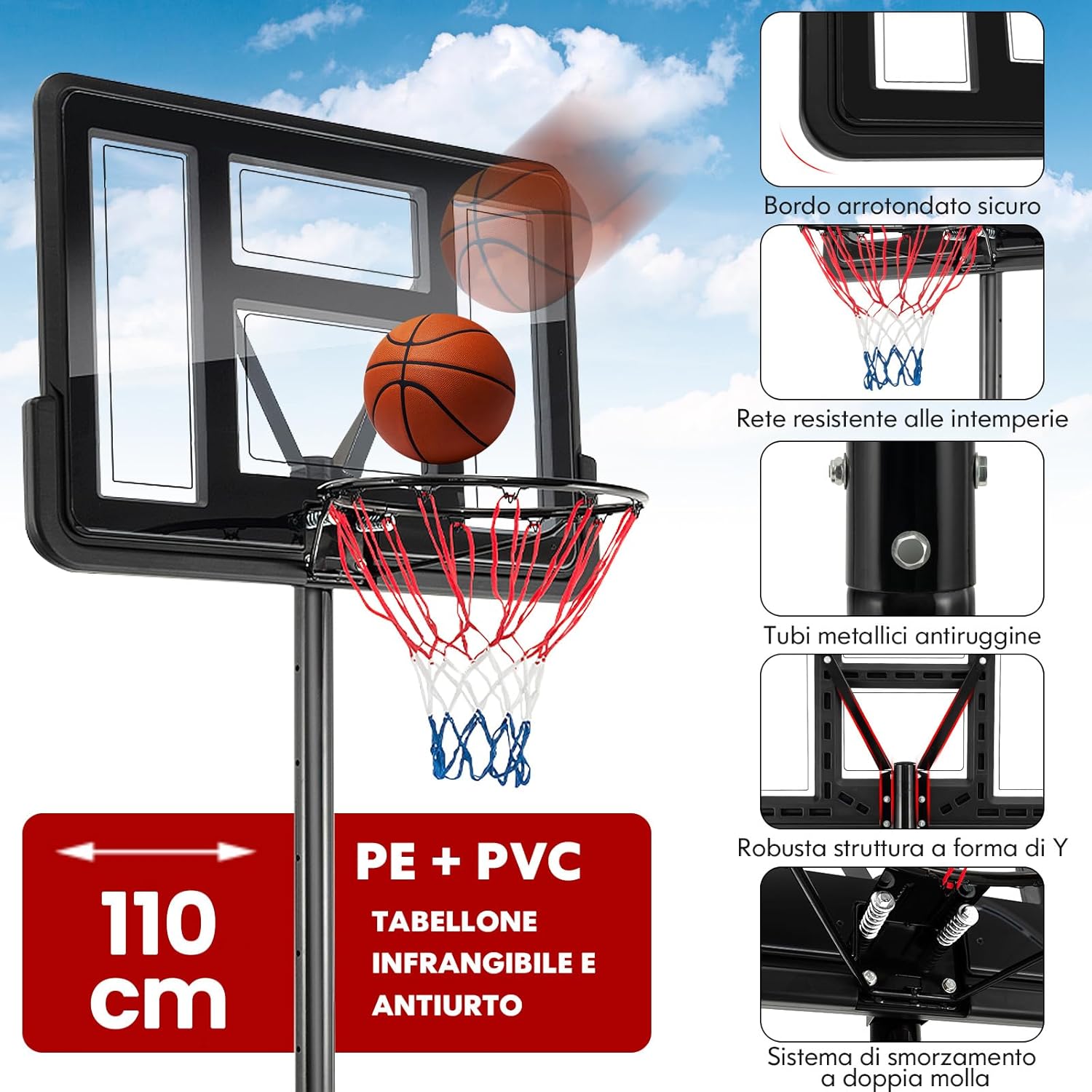 Costway Canestro da Basket Regolabile 130-305 cm - immagine 4