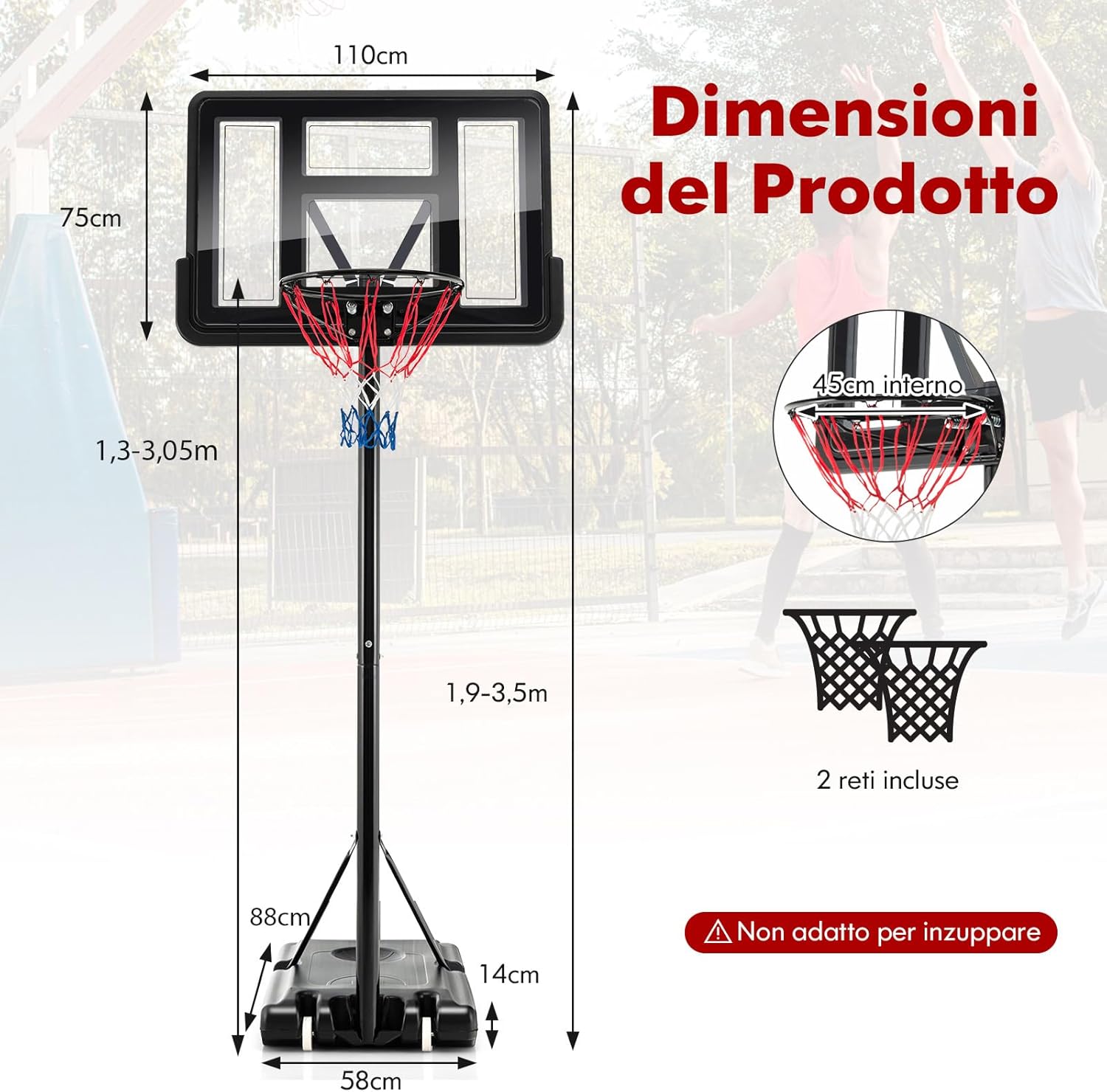 Costway Canestro da Basket Regolabile 130-305 cm - immagine 7