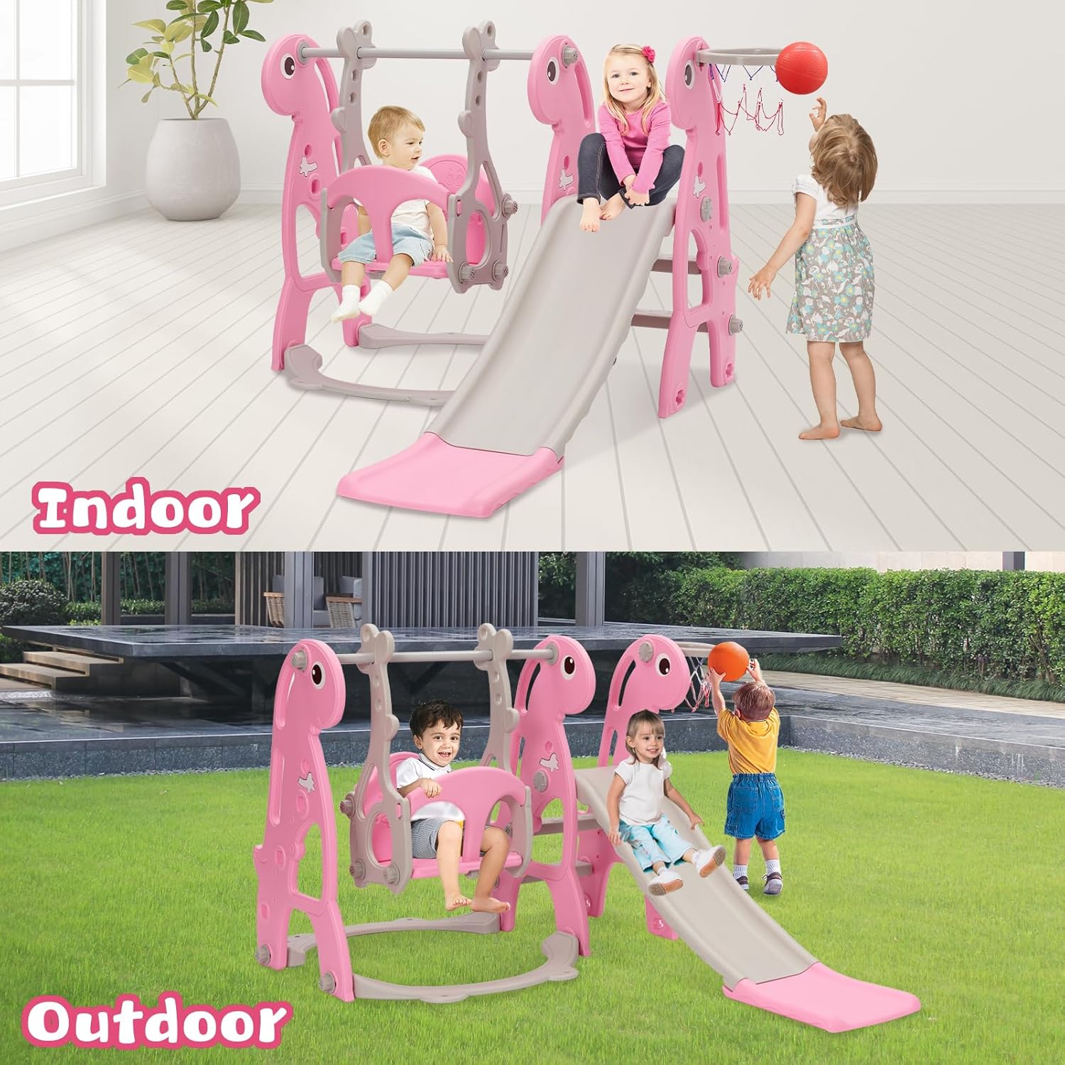 Set di scivoli per bambini con altalena regolabile, Rosa - immagine 2