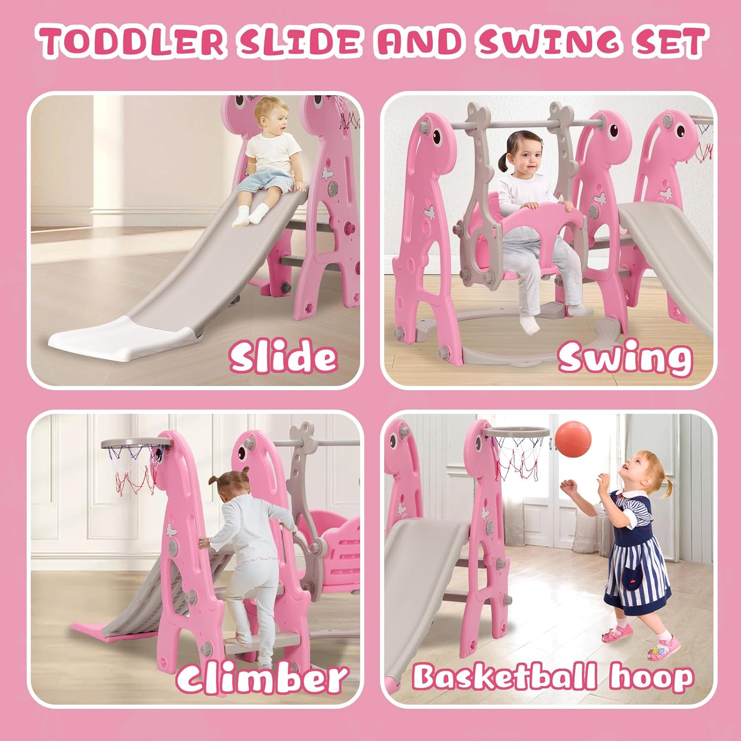 Set di scivoli per bambini con altalena regolabile, Rosa - immagine 5