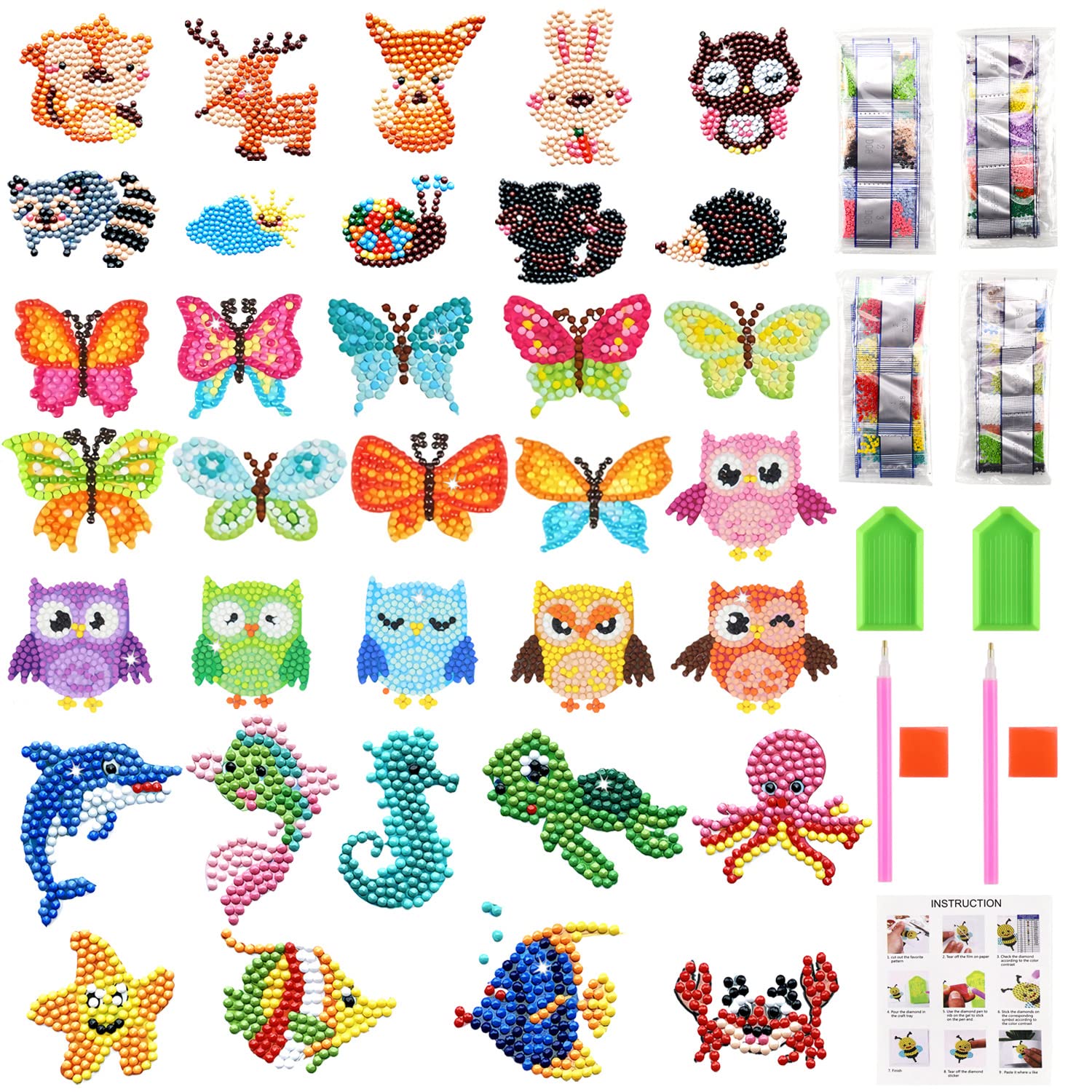 UGBO Diamond Painting Pittura Diamante Bambini 5D Mosaico Adesivo Kit Completo Fai Da Te Stickers Animali Diamantini Crystal Art Mosaici Adesivi per Bambini Adulti Principianti 34 Pezzi
