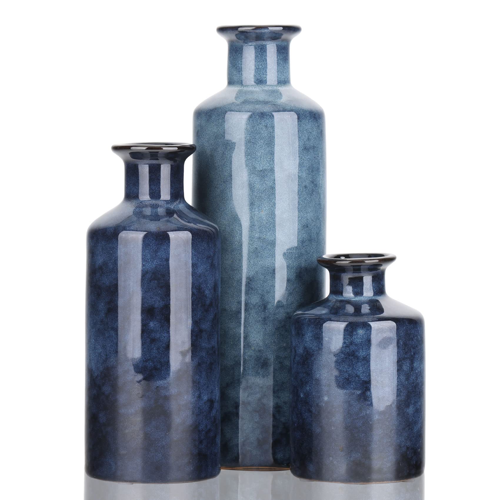 Set di tre vasi in ceramica blu: tre piccoli vasi blu, moderna decorazione minimalista di vasi di fiori, decorazioni creative per soggiorno, sala da pranzo, ufficio e scene di matrimonio