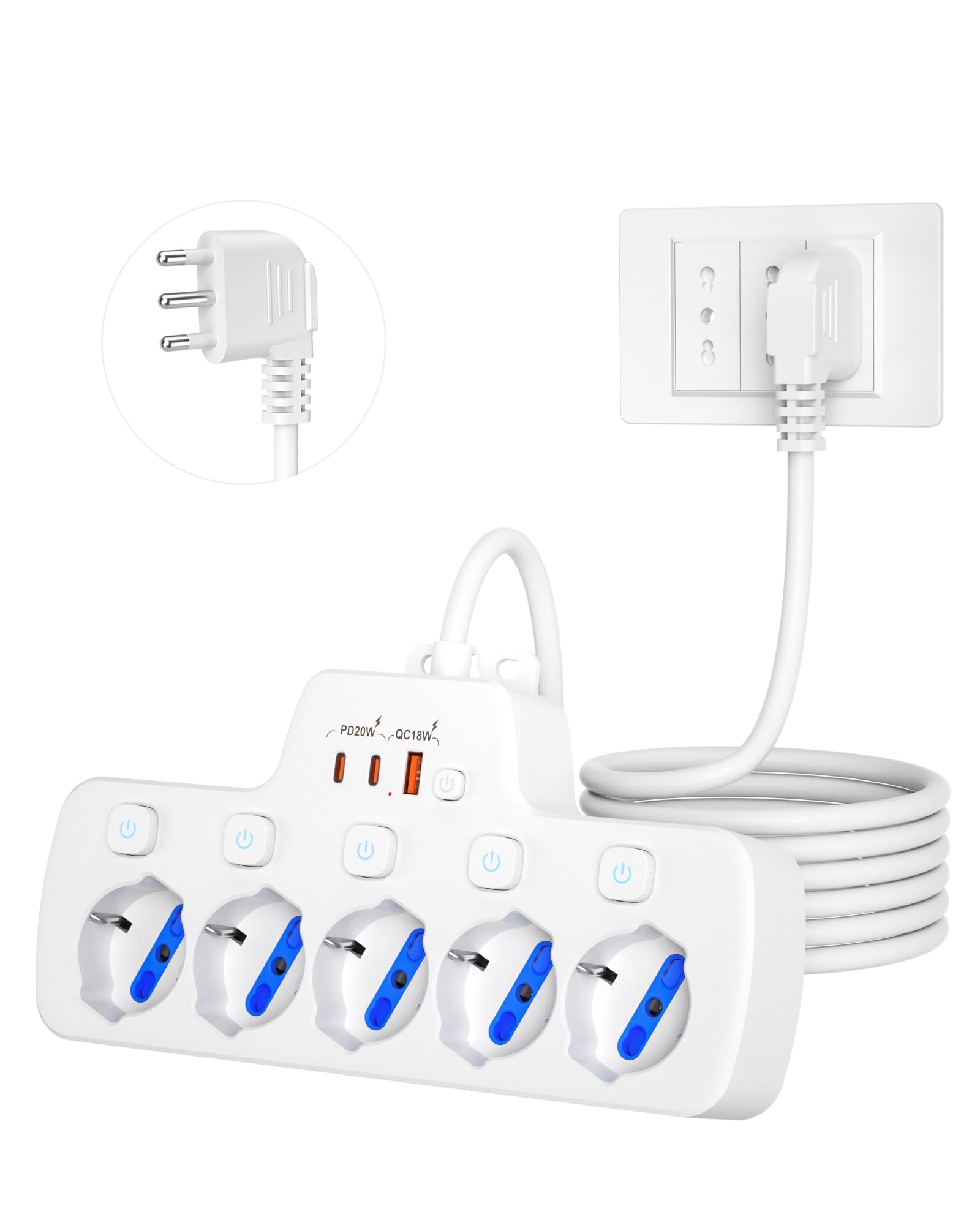 Ciabatta Multipresa 5 Posti Schuko Bipasso 1.5m, Bianco