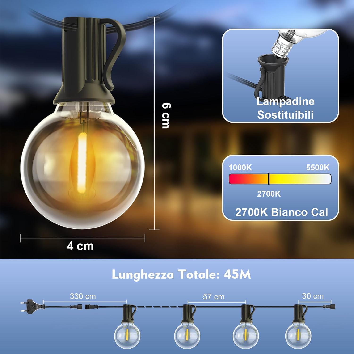 Yuusei Catena Luminosa Esterno LED G40 45.7M, Bianco Caldo - immagine 2