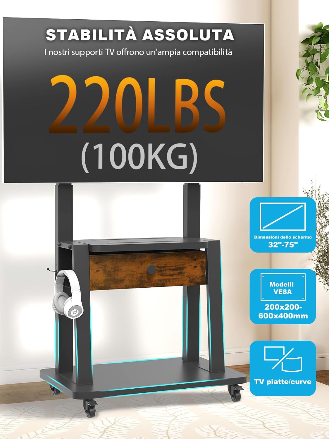 Supporto TV Mobile con Cassetto in Tessuto - immagine 4