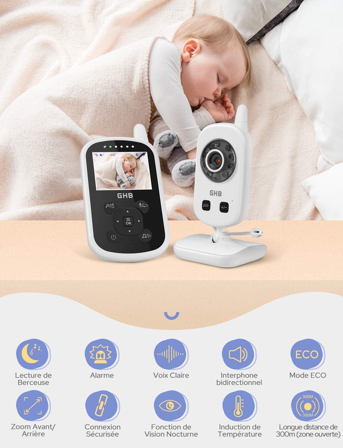 GHB Babyphone Caméra Bébé Moniteur 2,4 Inches LCD - immagine 2