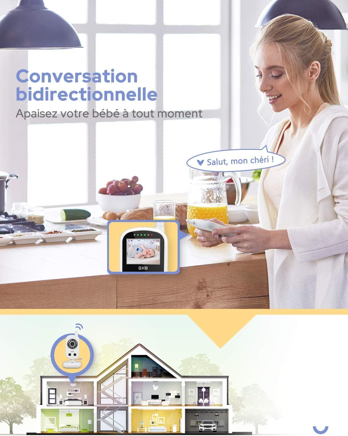 GHB Babyphone Caméra Bébé Moniteur 2,4 Inches LCD - immagine 3