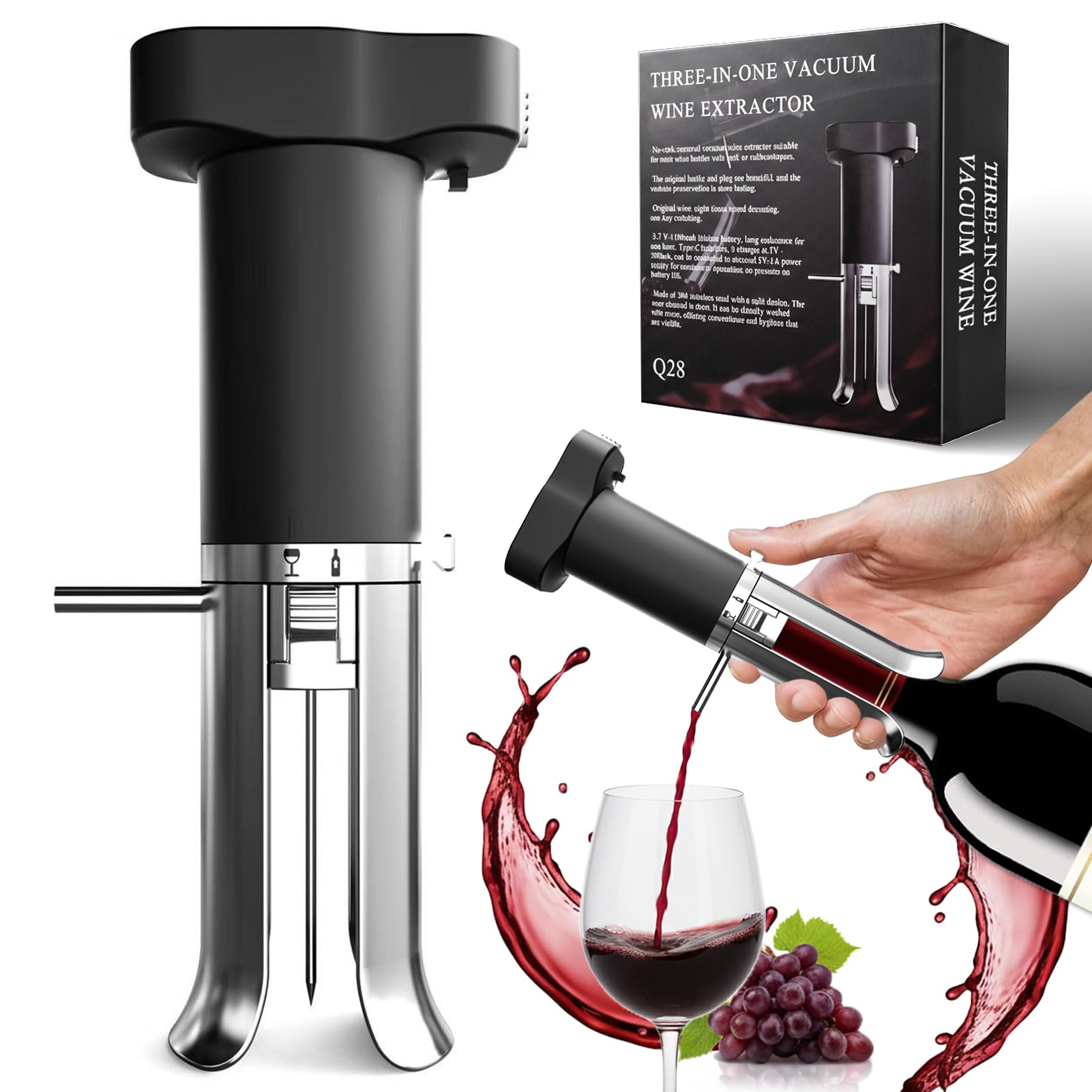 Aeratore e Versatore Elettrico per Vino 3 in 1, Nero Argento