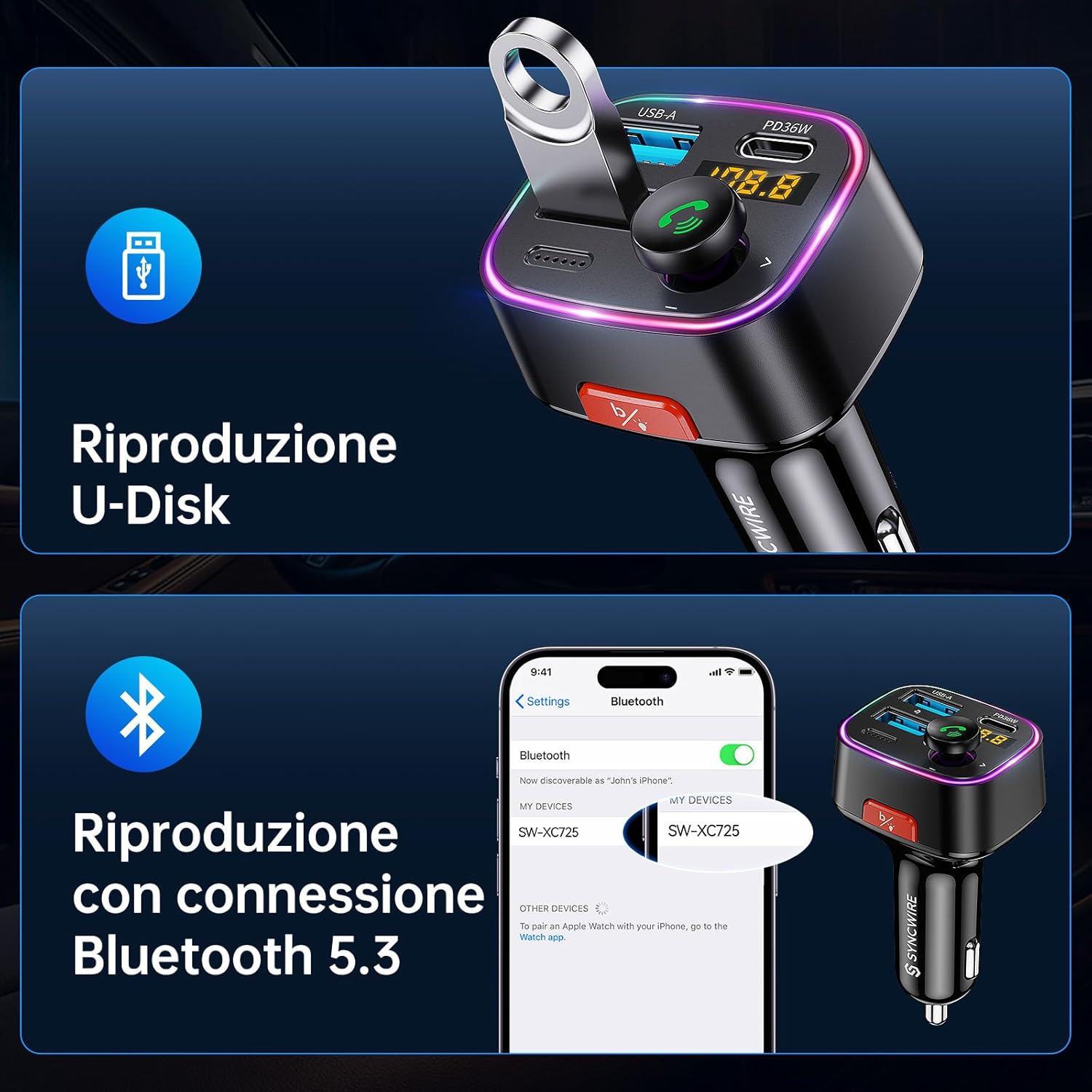 Syncwire Trasmettitore FM Bluetooth 5.3 48W - immagine 5
