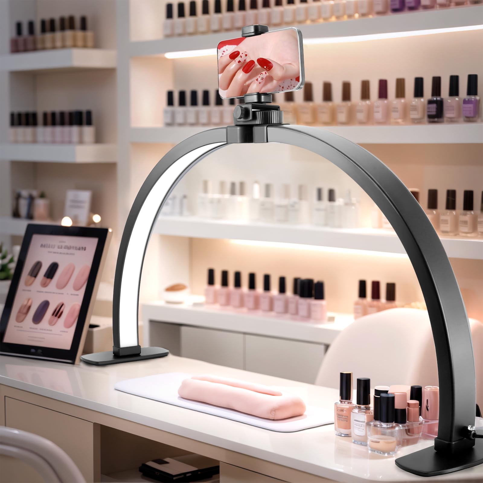 Lampada a mezzaluna per chiodo da scrivania, pieghevole a LED per nail tech con supporto per telefono, lampada da tavolo per unghie con 3 modalità di colore, 10 luminosità per bellezza/ciglia/lettino