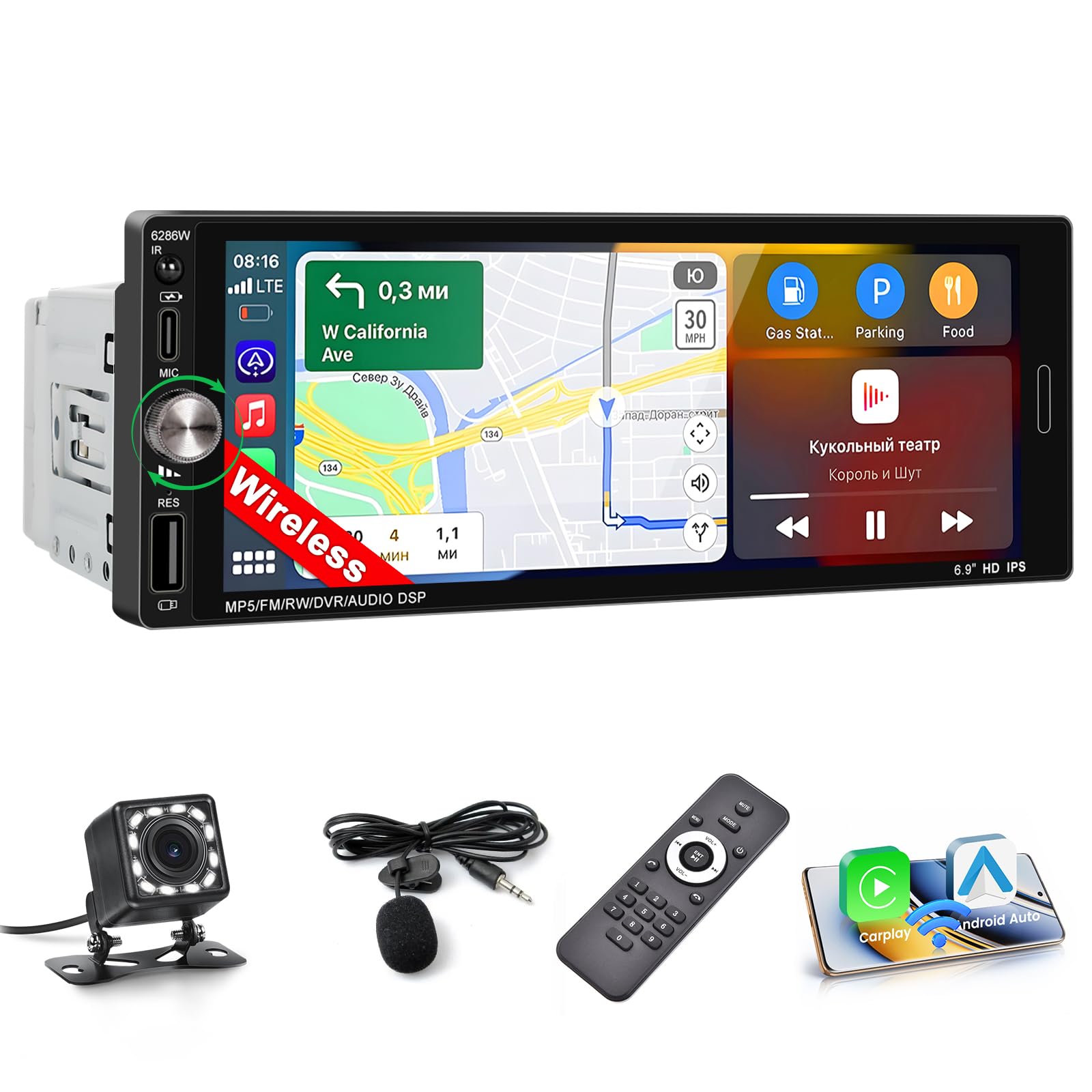 Inefala Autoradio Wireless Carplay 1 Din 6,9" Touchscreen