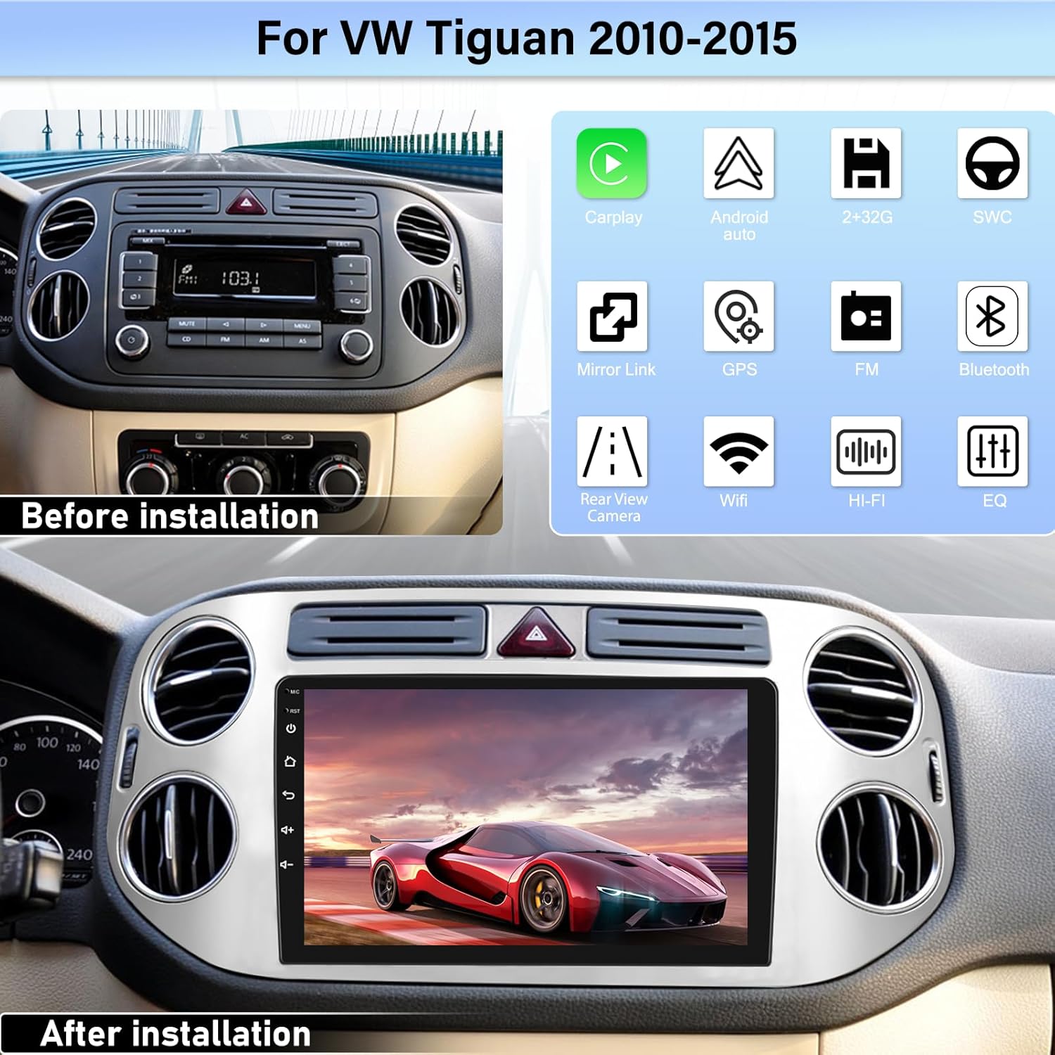 Autoradio Android 11 Doppio Din per VW Tiguan 2010-2015 - immagine 2