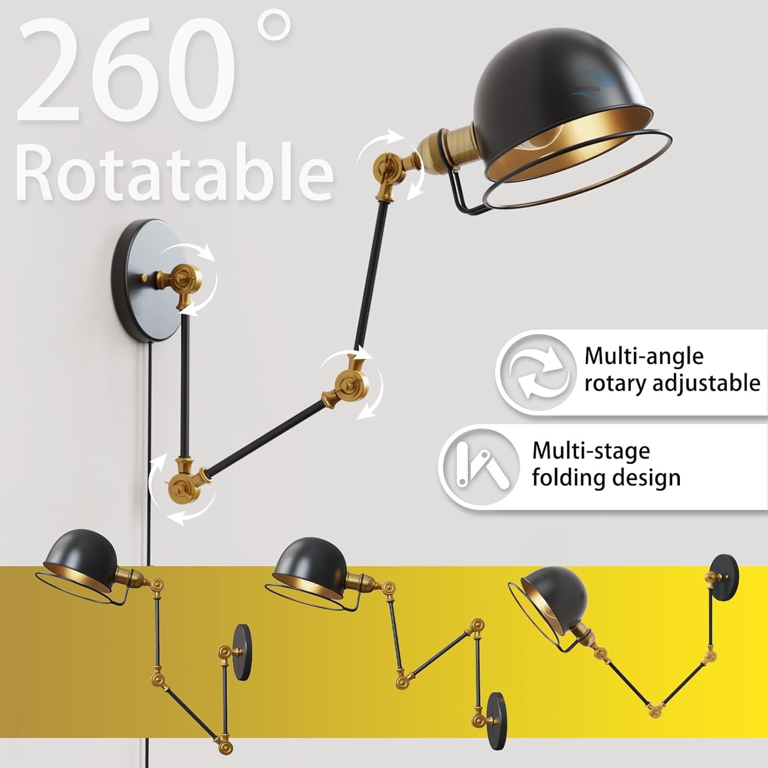 Lampade da Parete con Braccio E27 Vintage, Nera - immagine 4