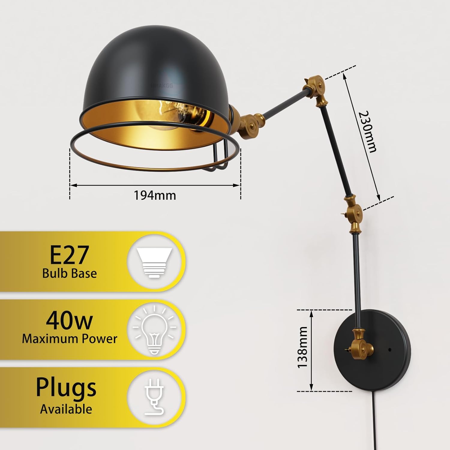 Lampade da Parete con Braccio E27 Vintage, Nera - immagine 5