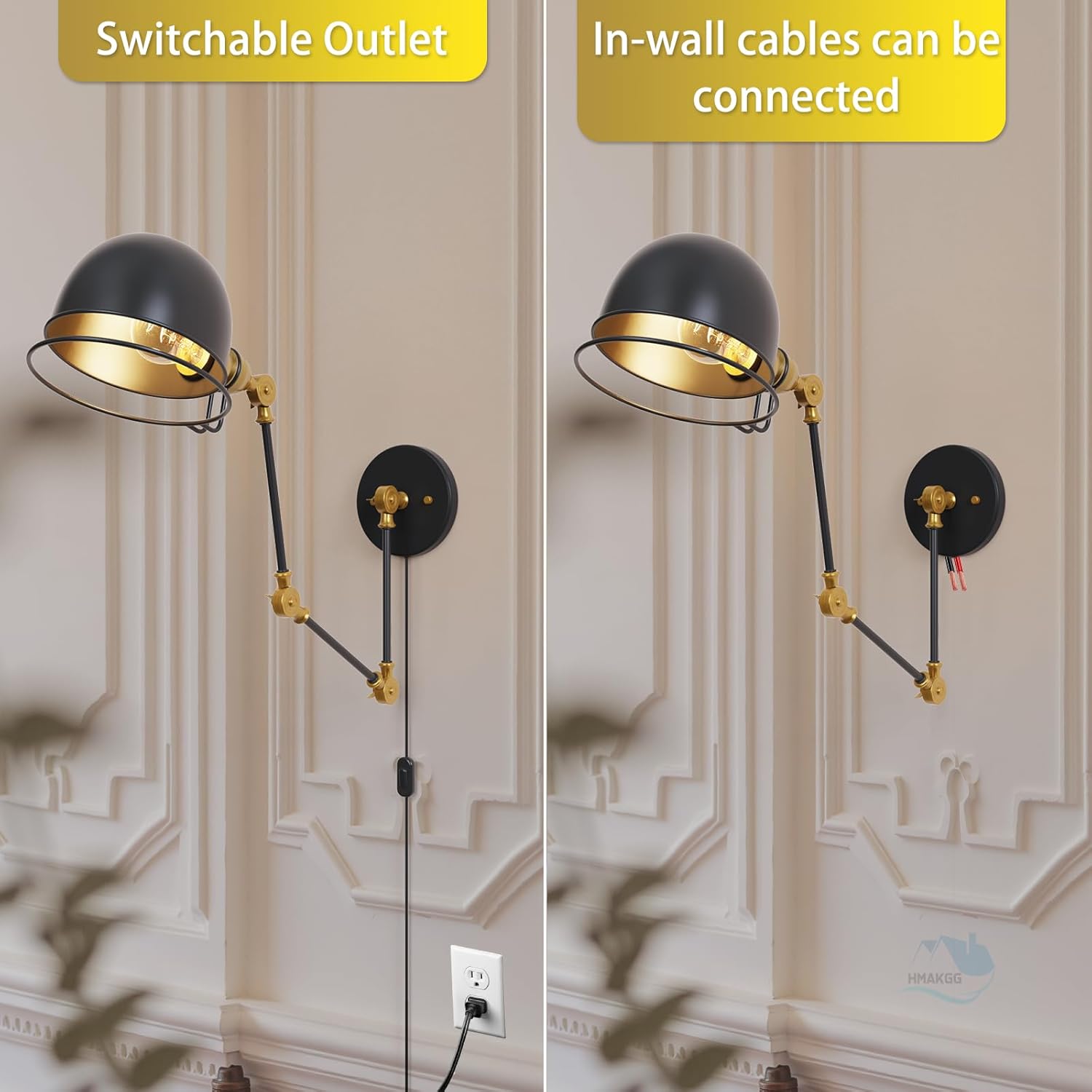 Lampade da Parete con Braccio E27 Vintage, Nera - immagine 6