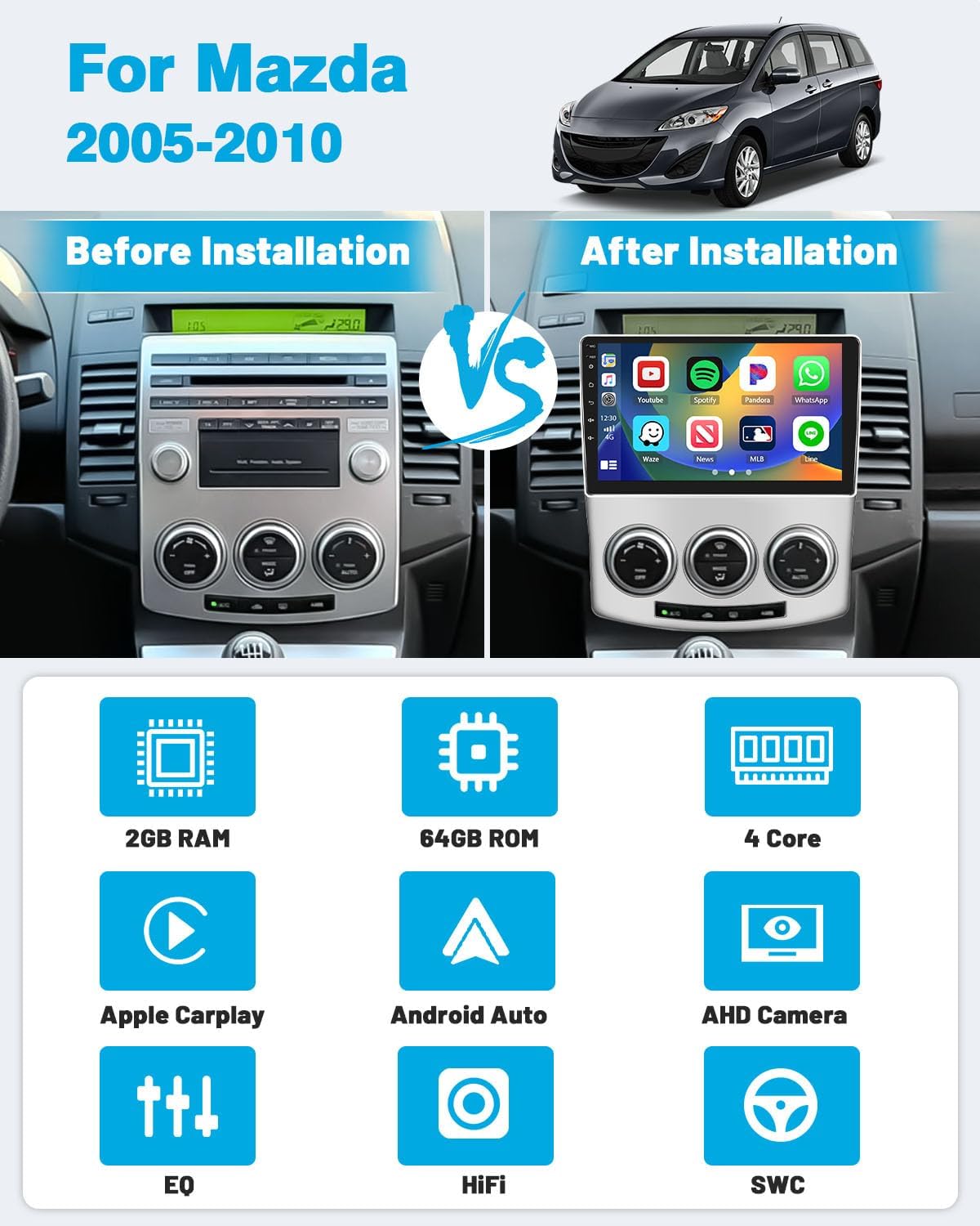 Hikity Autoradio Android 9" per Mazda 5 (2007-2010) - immagine 2