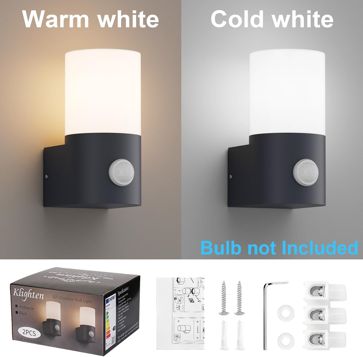 Klighten 2 Applique da Parete E27 con Sensore, Antracite - immagine 2