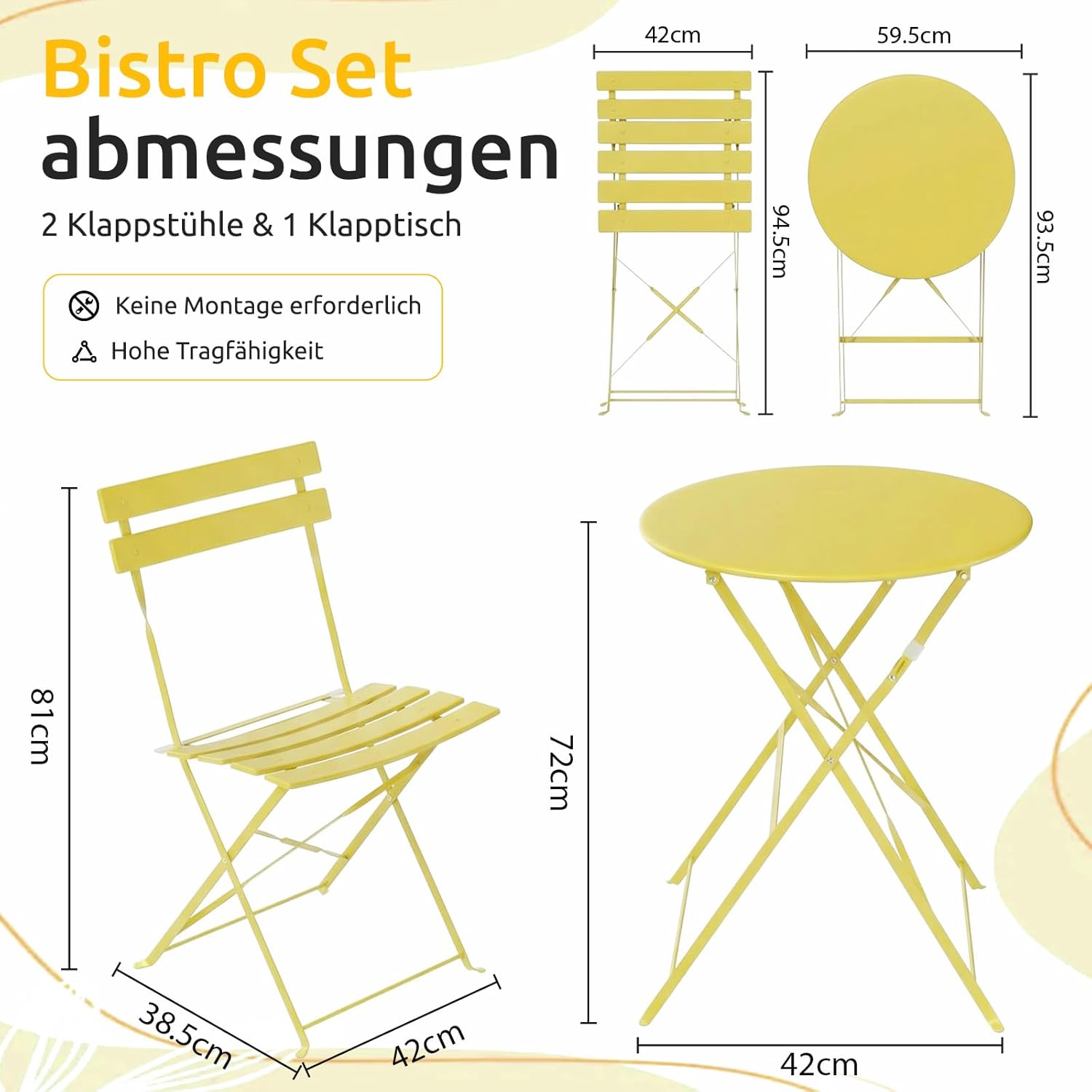 Clevich Set 3 Mobili Pieghevoli per Esterni, Giallo - immagine 3