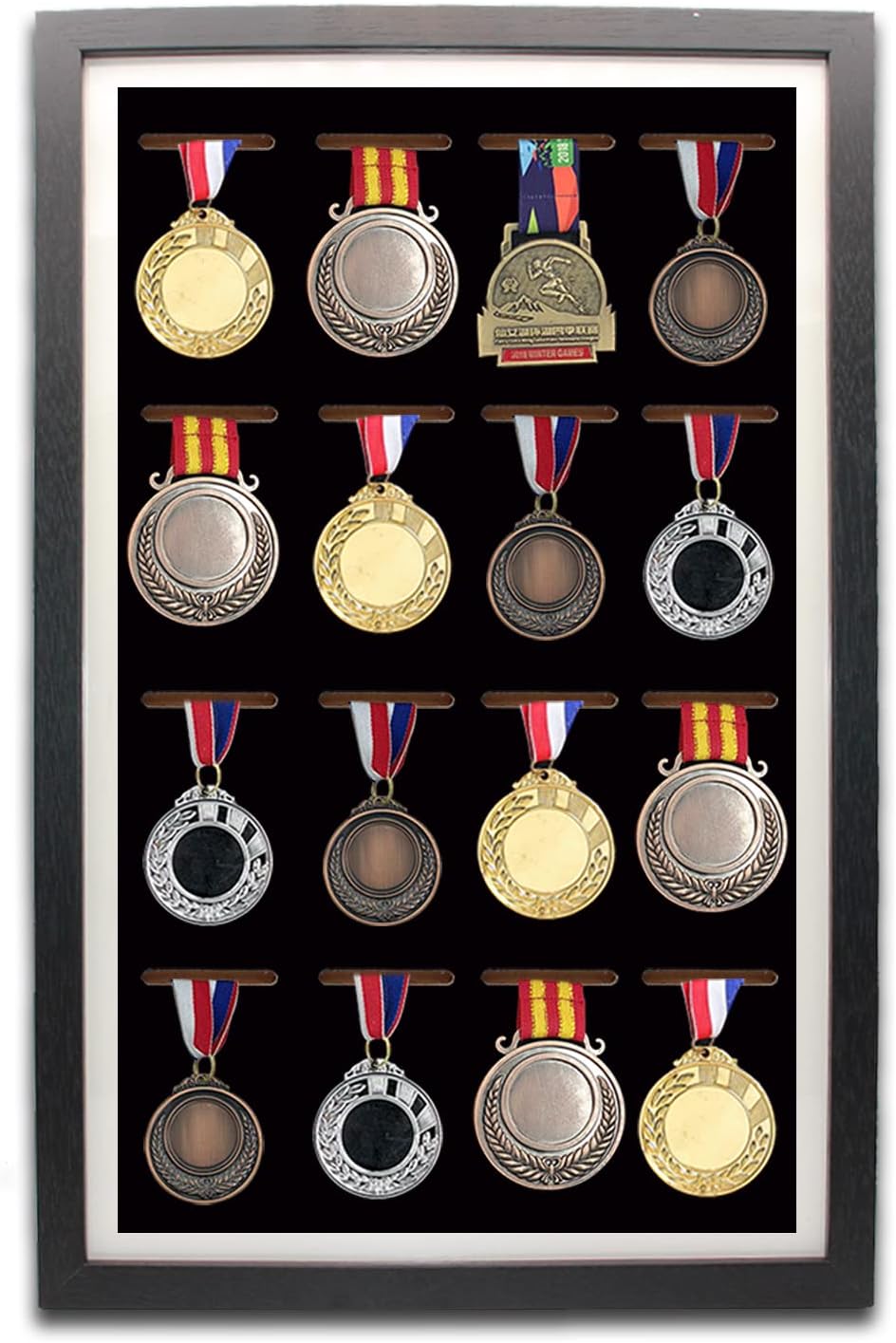 Cornice per medaglie, espositore per 16 medaglie, perfetta per corridori, maratona, vincitore RECE, calcio, ginnastica e tutti gli sport (nero)