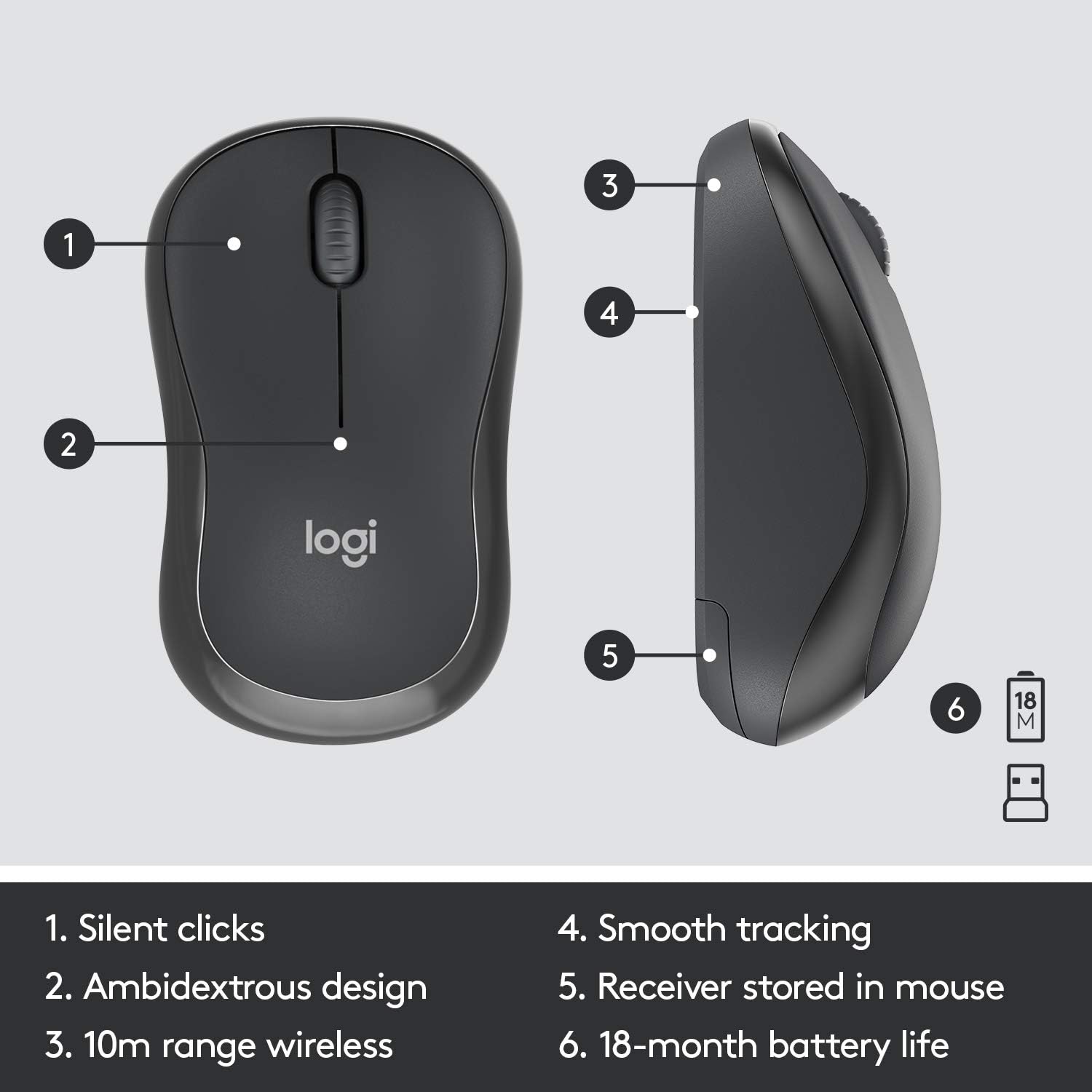Logitech MK295 Kit Mouse e Tastiera Wireless, Layout Scandinavo QWERTY, Grigio - immagine 7