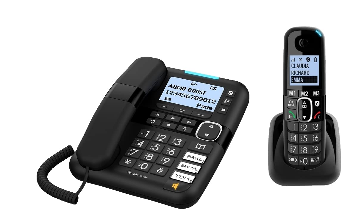 Amplicomms per Delta Telefono Combo Fisso + Cordless Amplificati Suoneria 90dB Audio 35dB Segreteria Telefonica Call Blocker Black List Blocco Chiamate Indesiderate Tasti Display XL Vivavoce