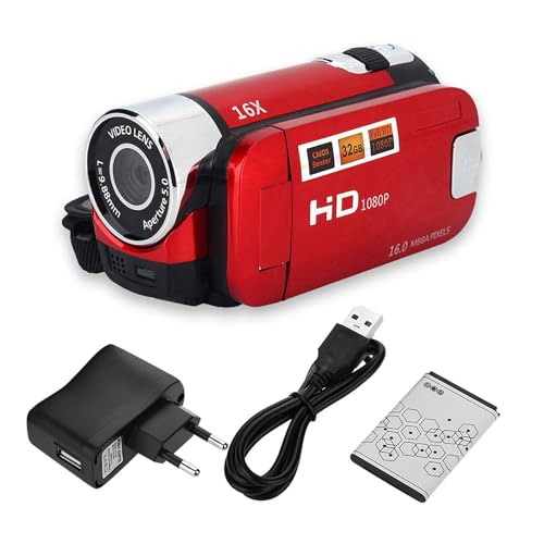 Qiilu Videocamera Digitale Full HD 1080P 16X DV, Rosso