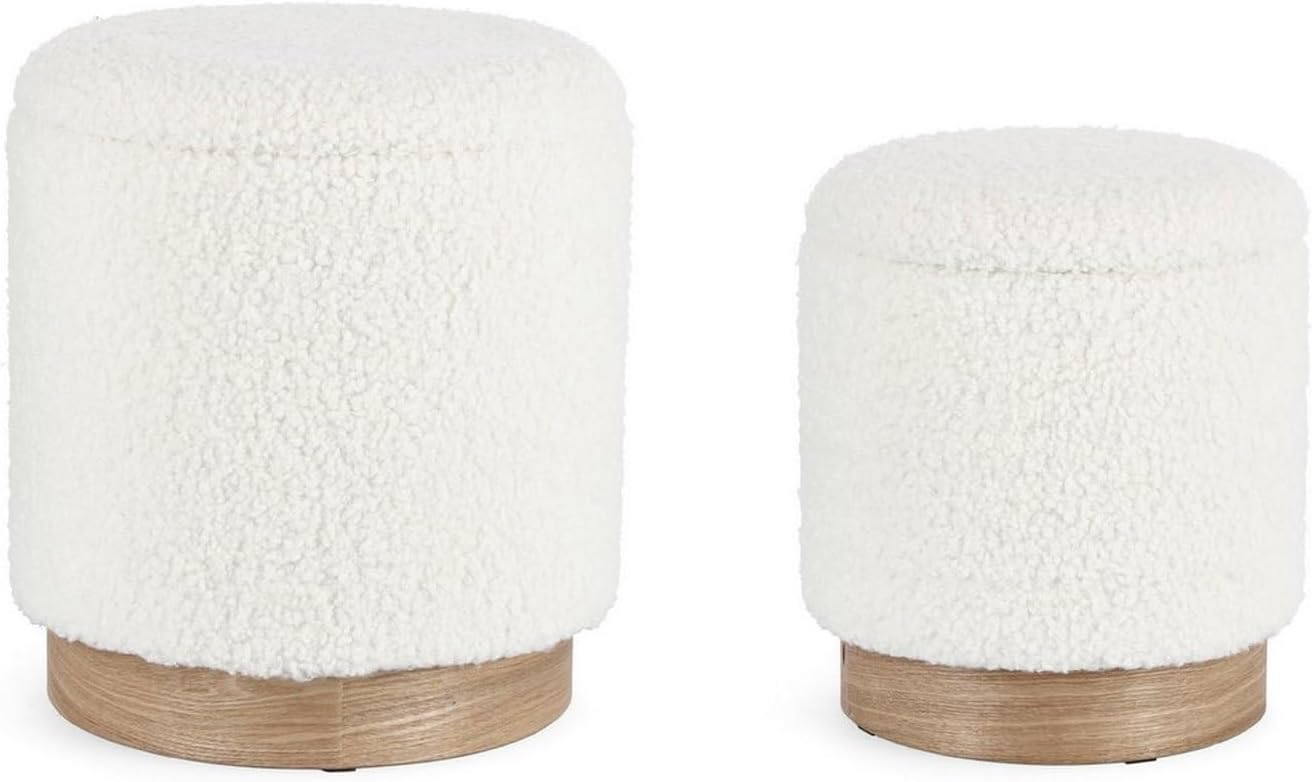 KONTE.DESIGN Set di 2 Pouf contenitore ZOYA bianco teddy e legno di frassino