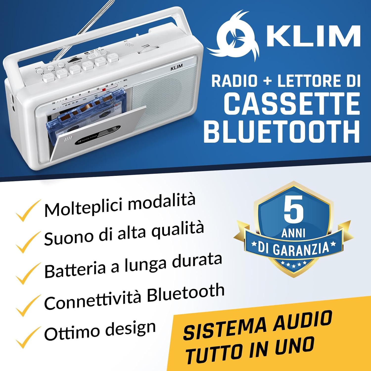 Klim Lettore Cassette Audio Boombox - Bianco Gelo - immagine 2