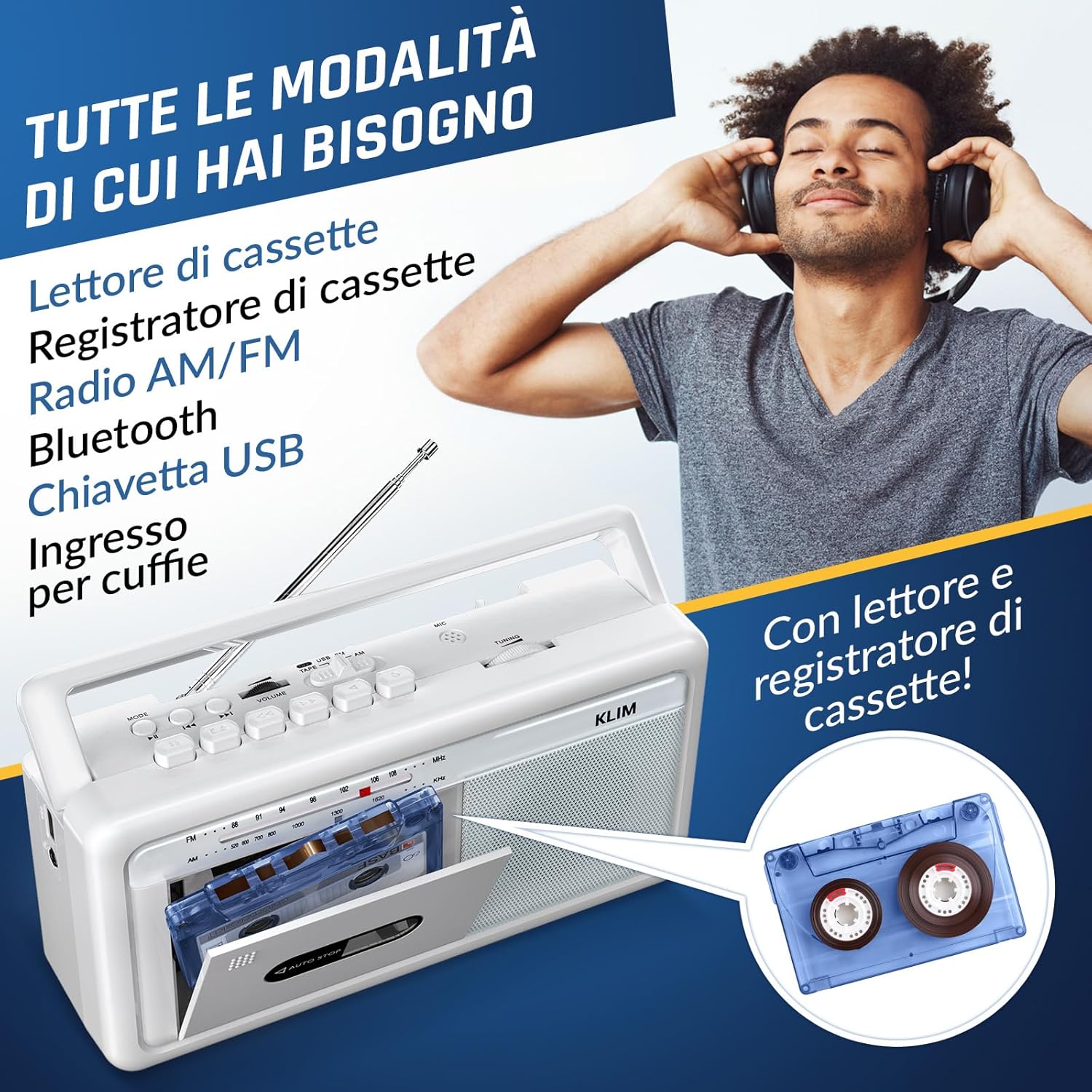 Klim Lettore Cassette Audio Boombox - Bianco Gelo - immagine 3