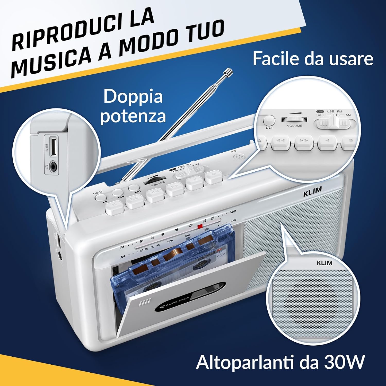 Klim Lettore Cassette Audio Boombox - Bianco Gelo - immagine 6