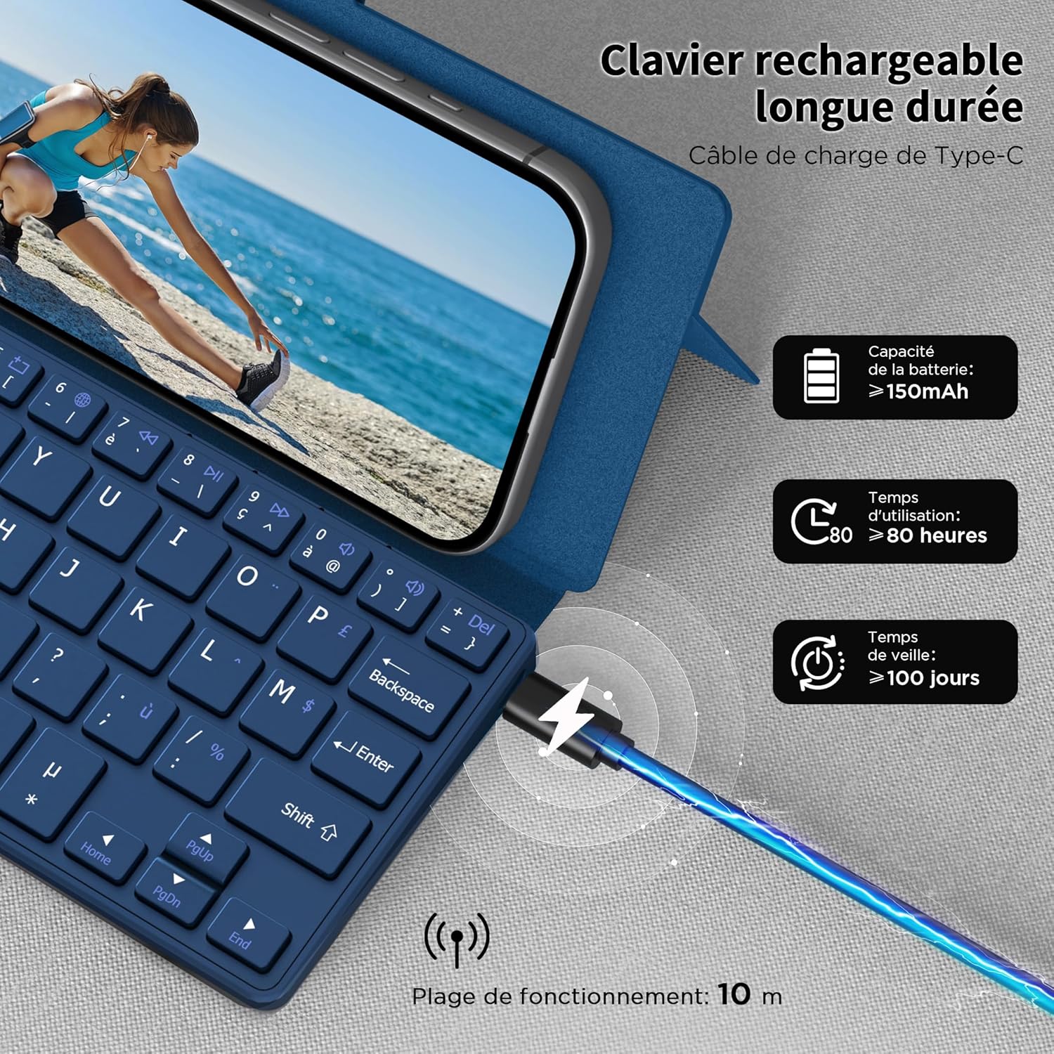 Cacoe Tastiera Bluetooth Pieghevole AZERTY, Blu Mare - immagine 5