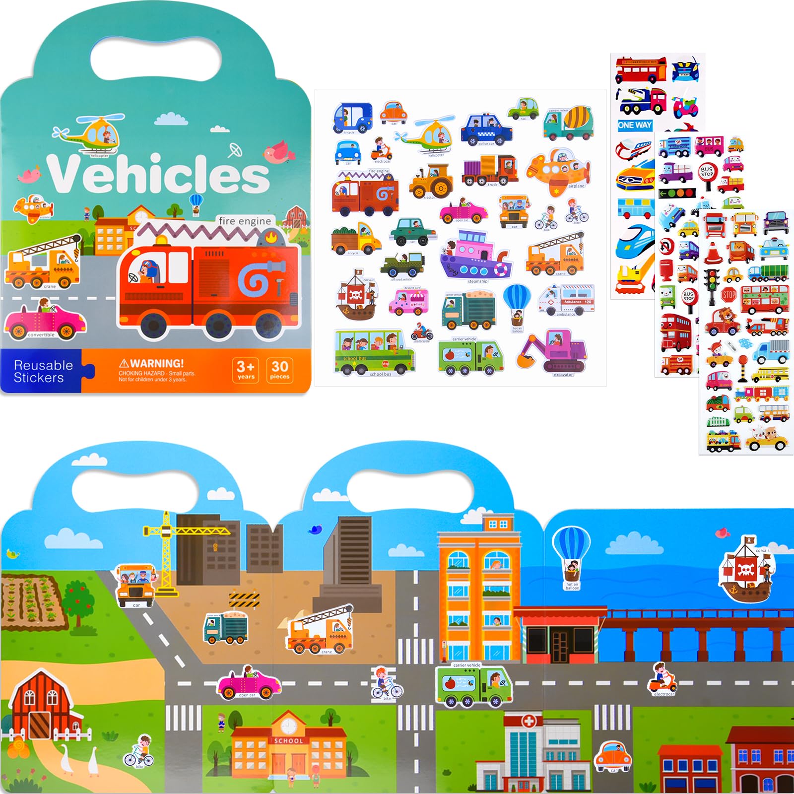 NEBURORA Libro di adesivi gonfi riutilizzabili per bambini, 88 pezzi adesivi per veicoli impermeabili, giocattolo educativo per l'apprendimento sensoriale, adesivi di scene e libro degli impegni