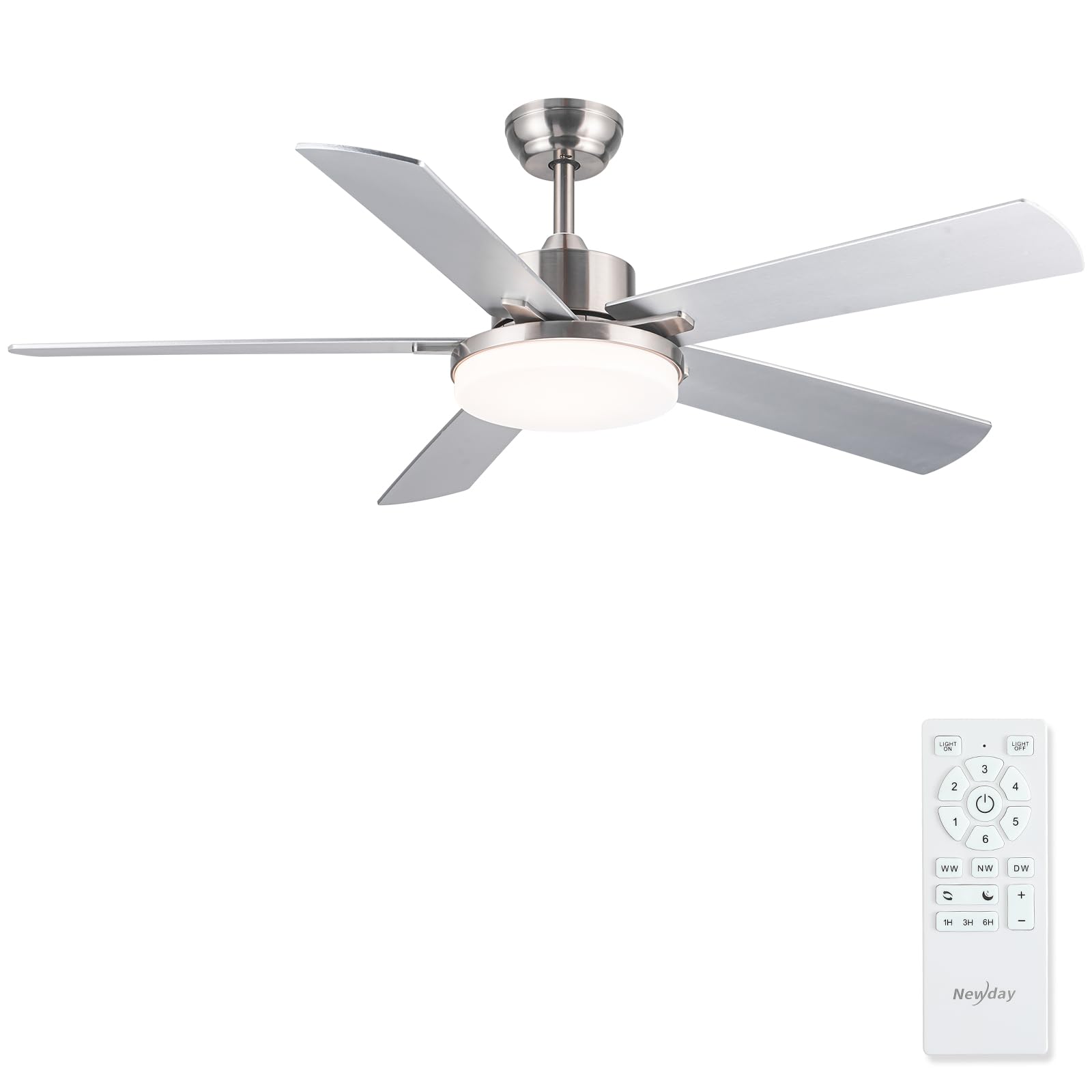 Newday - Ventilatore da Soffitto con Luce 132cm Argento