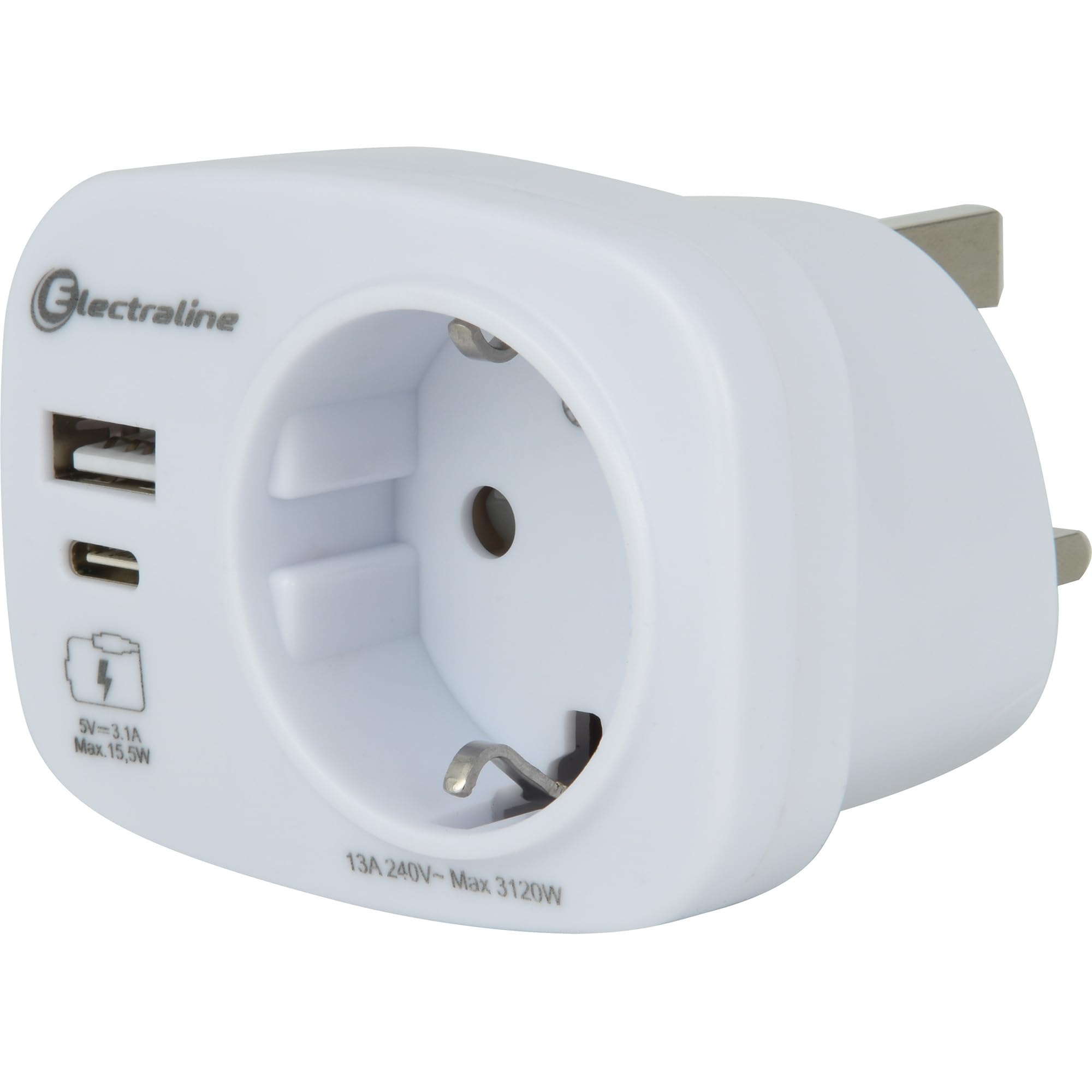 Electraline 70037 Adattatore da viaggio per Regno Unito, spina tedesca, presa adattatore per Regno Unito con 2 USB (1 tipo A 3,1 A + 1 tipo C) Max 15,5 W