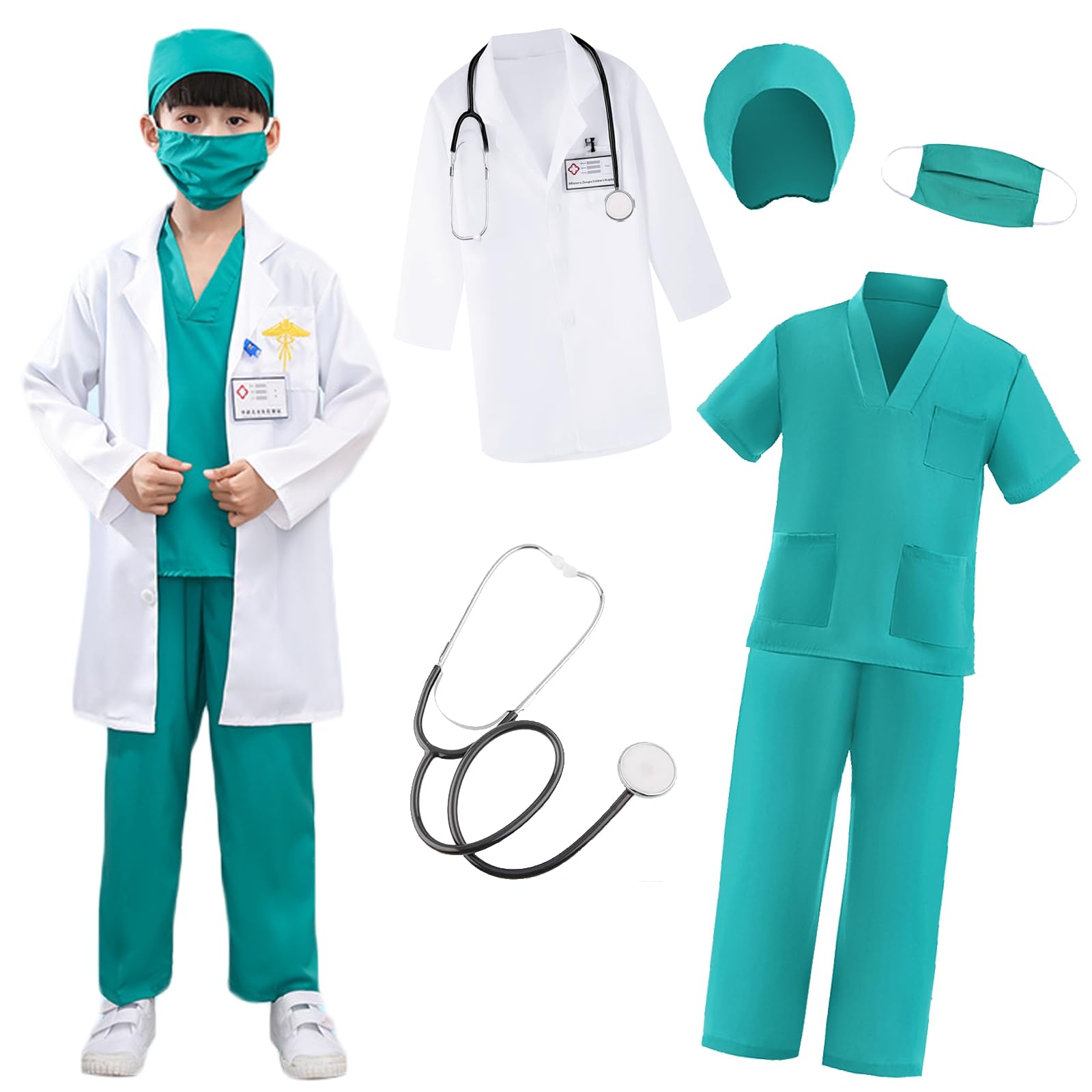 Costume da Dottore per Bambino Bambina Con Camice Dottore Scrub Stetoscopio Kit Dottore Chirurgo Medico Costume per Ragazzi Ragazze Gioco di Ruolo Carnevale Halloween Cosplay