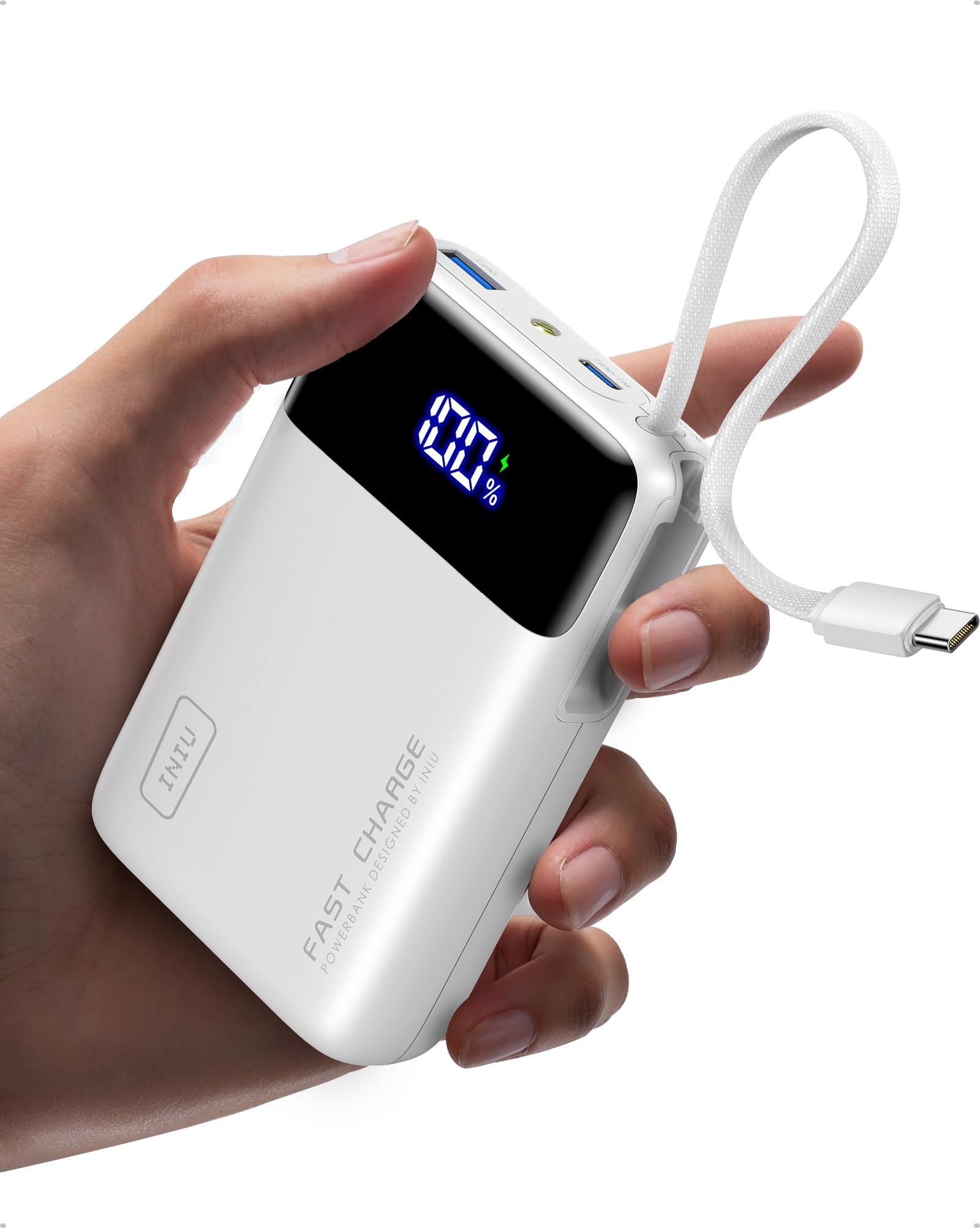 Iniu Power Bank 45W 20000mAh con Cavi Integrati, Bianco