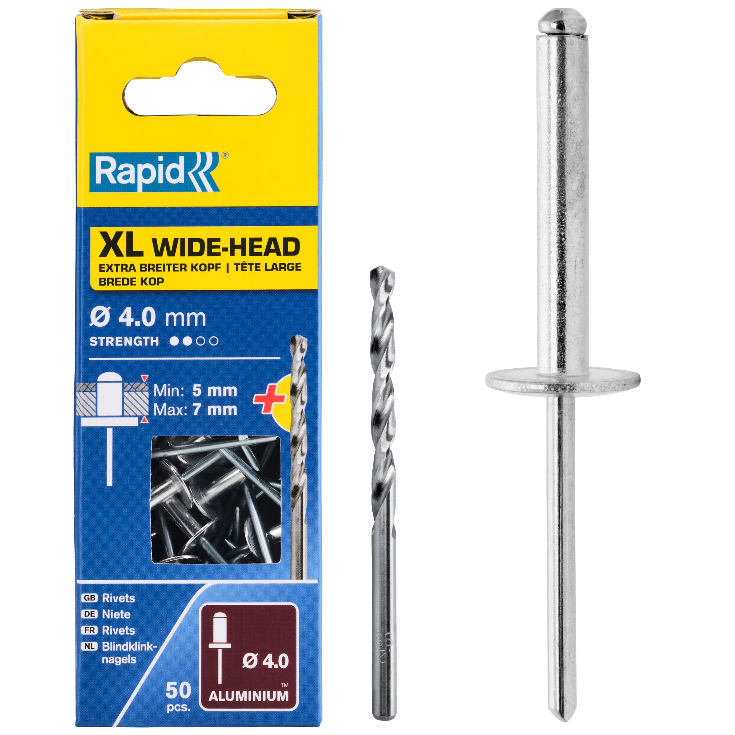 Rapid Scatola da 50 Rivetti in Alluminio XL a Testa Larga da Ø4 x 10 mm ...