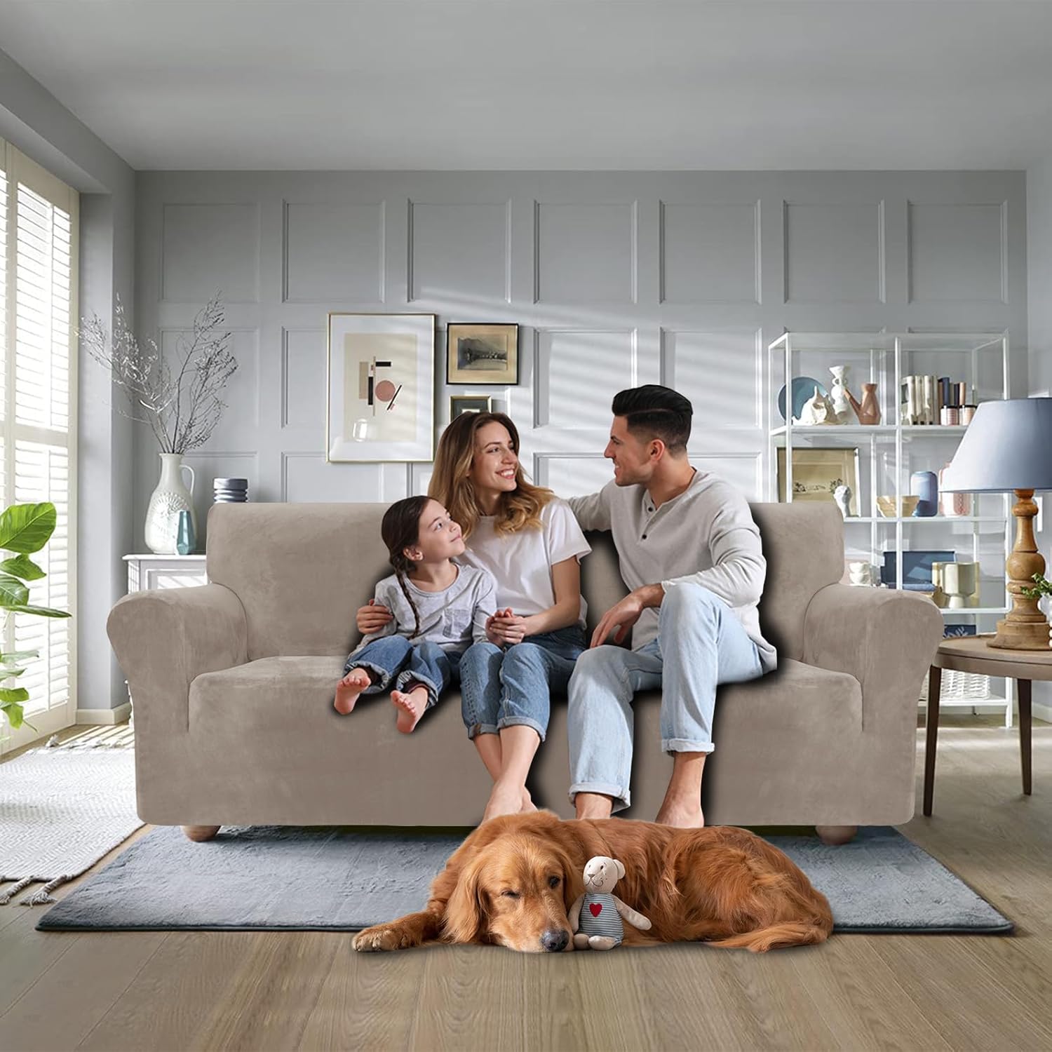 CYCMACO Copridivano Velluto Spesso 4 Posti, Cachi - immagine 2