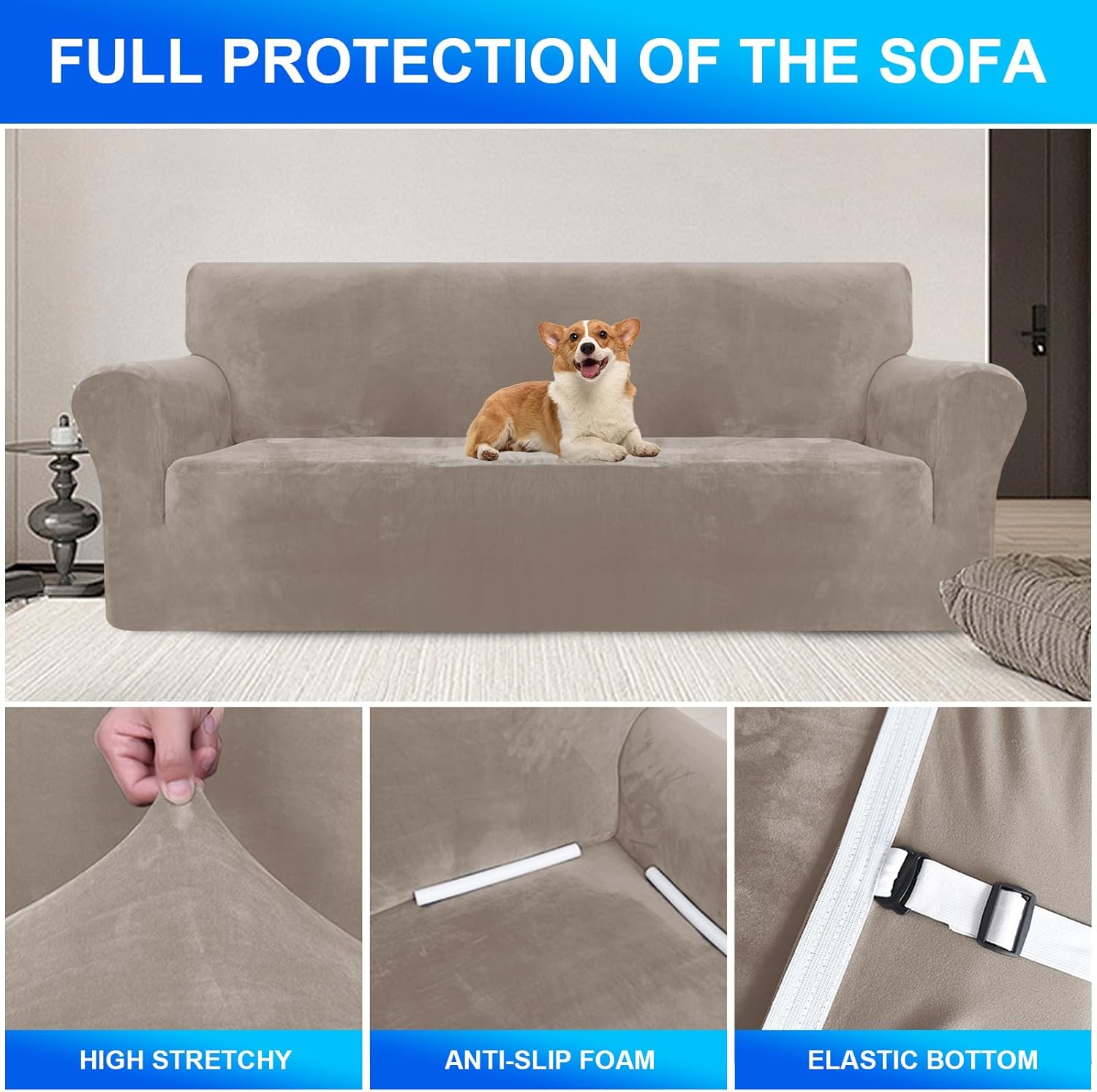 CYCMACO Copridivano Velluto Spesso 4 Posti, Cachi - immagine 4