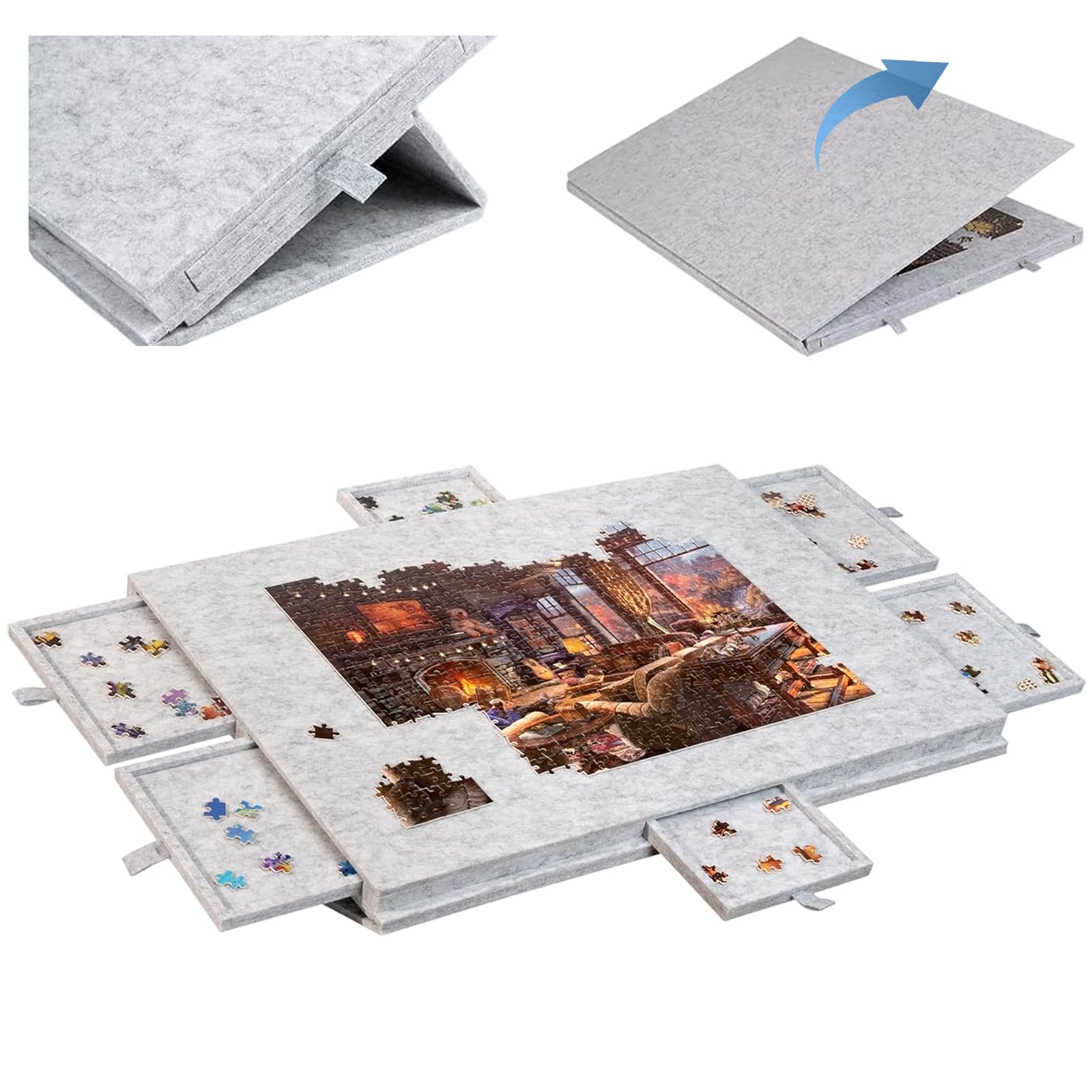 Tavola Puzzle Pieghevole Inclinabile con 6 Cassetti, Grigio