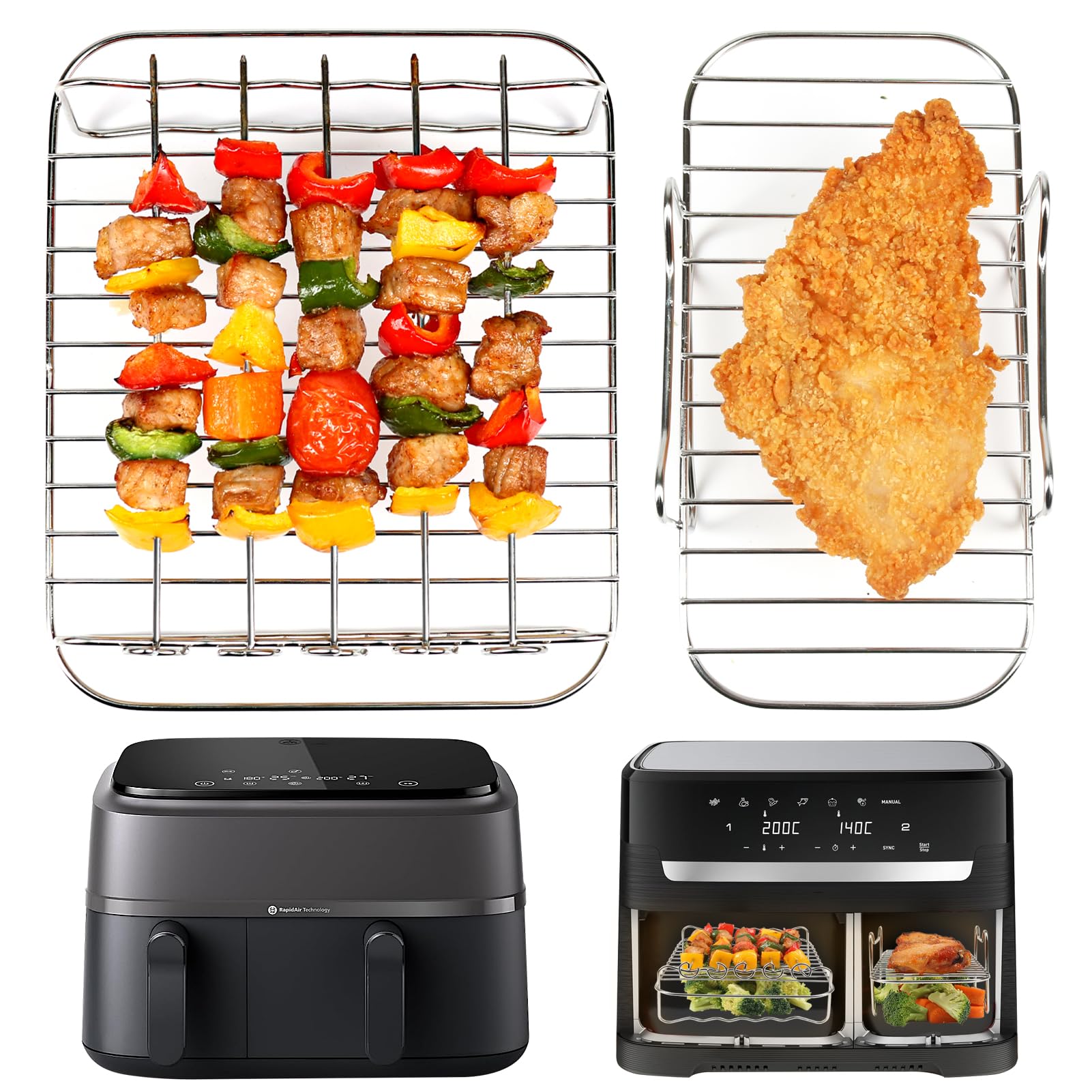 BYKITCHEN Accessori per friggitrice ad aria calda Philips Dual Basket 3000, 9L/Tefal 5,2/3,1 L Easy Fry, 2 supporti per friggitrice ad aria con 5 spiedini, accessori per Tefal EY9018/Philips NA350/00