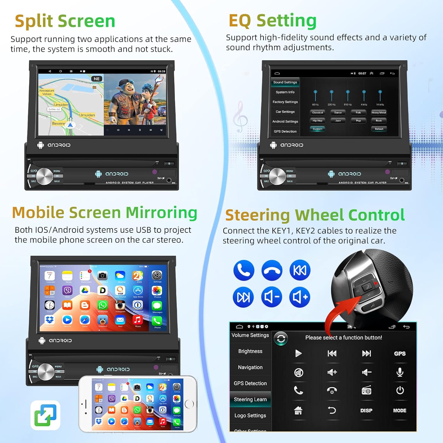 Podofo Android 13 Autoradio 1 Din 7 Pollici Touchscreen - immagine 3